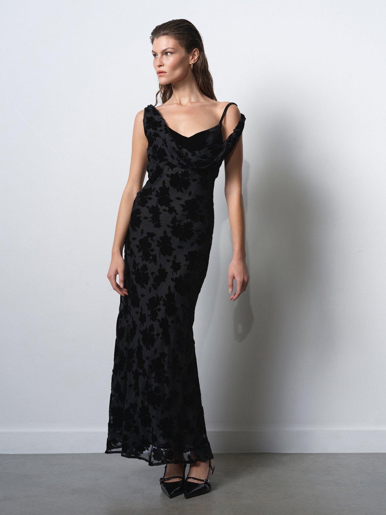 French Connection Cowl Neck Floral Print Bias Cut Midi Dress - Black