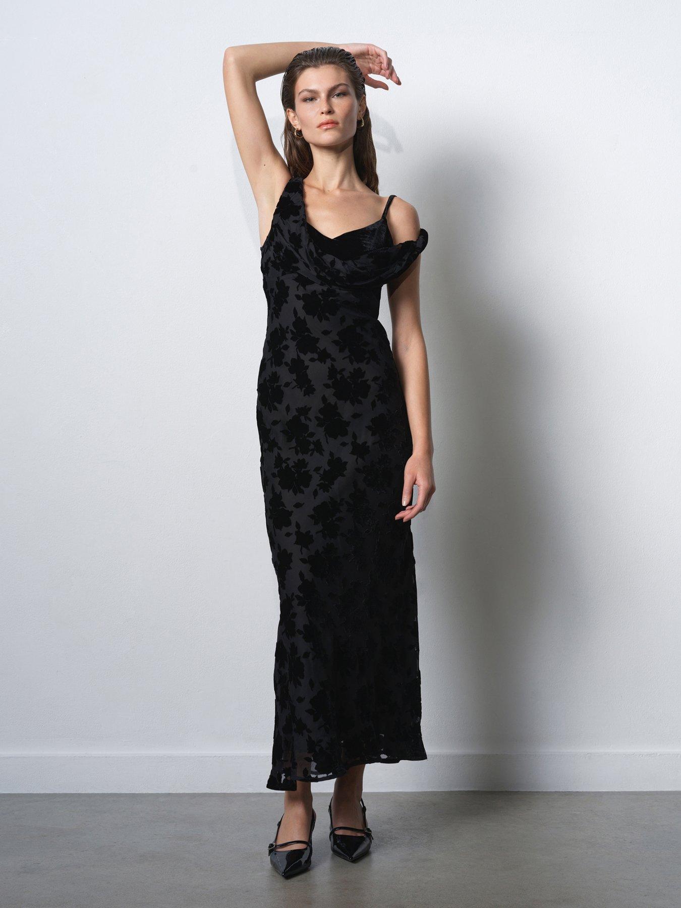 French Connection Cowl Neck Floral Print Bias Cut Midi Dress - Black | Very
