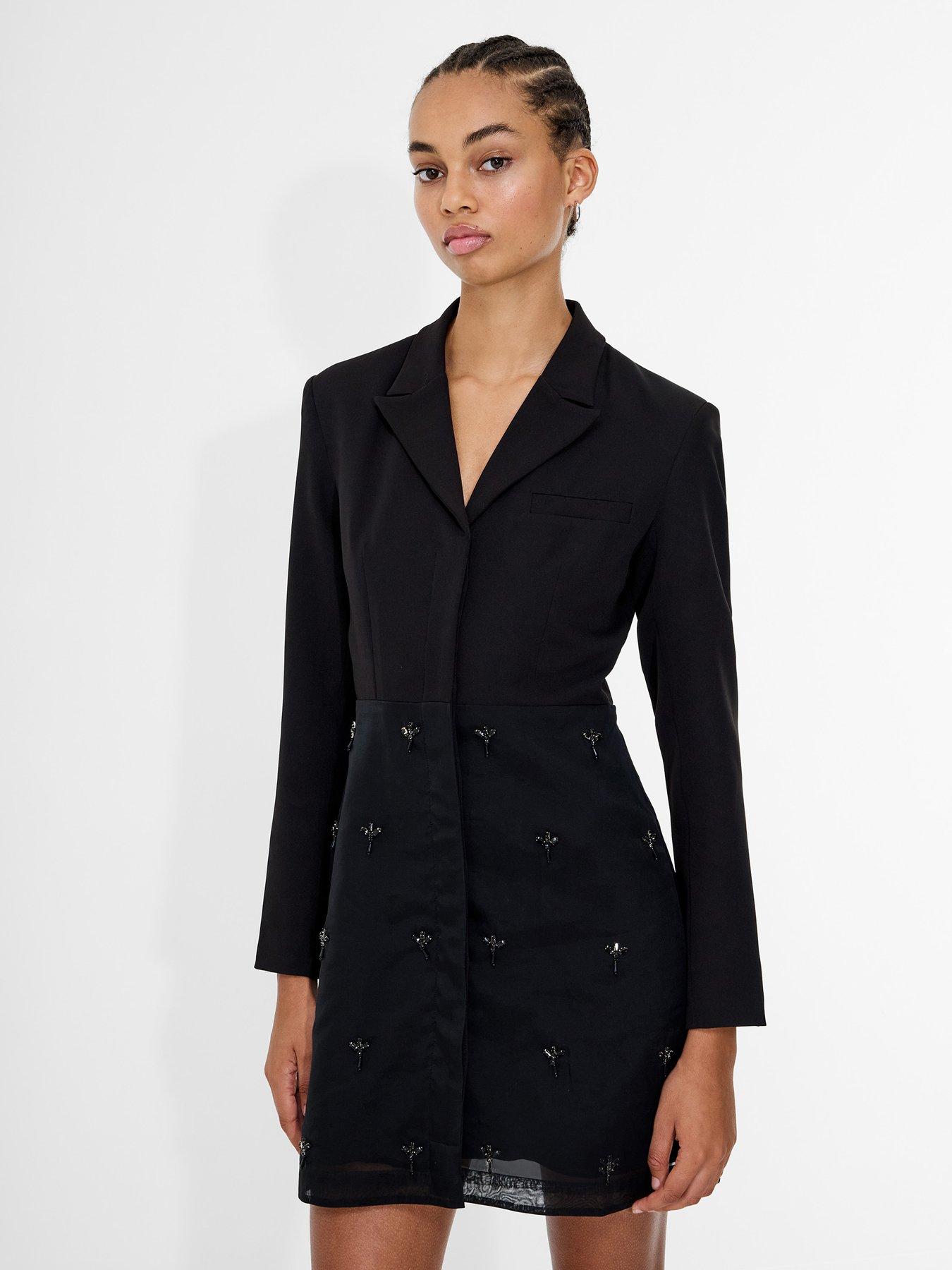 French Connection Embellished Tailored V-Neck Long Sleeve Mini Dress - Black  | Very