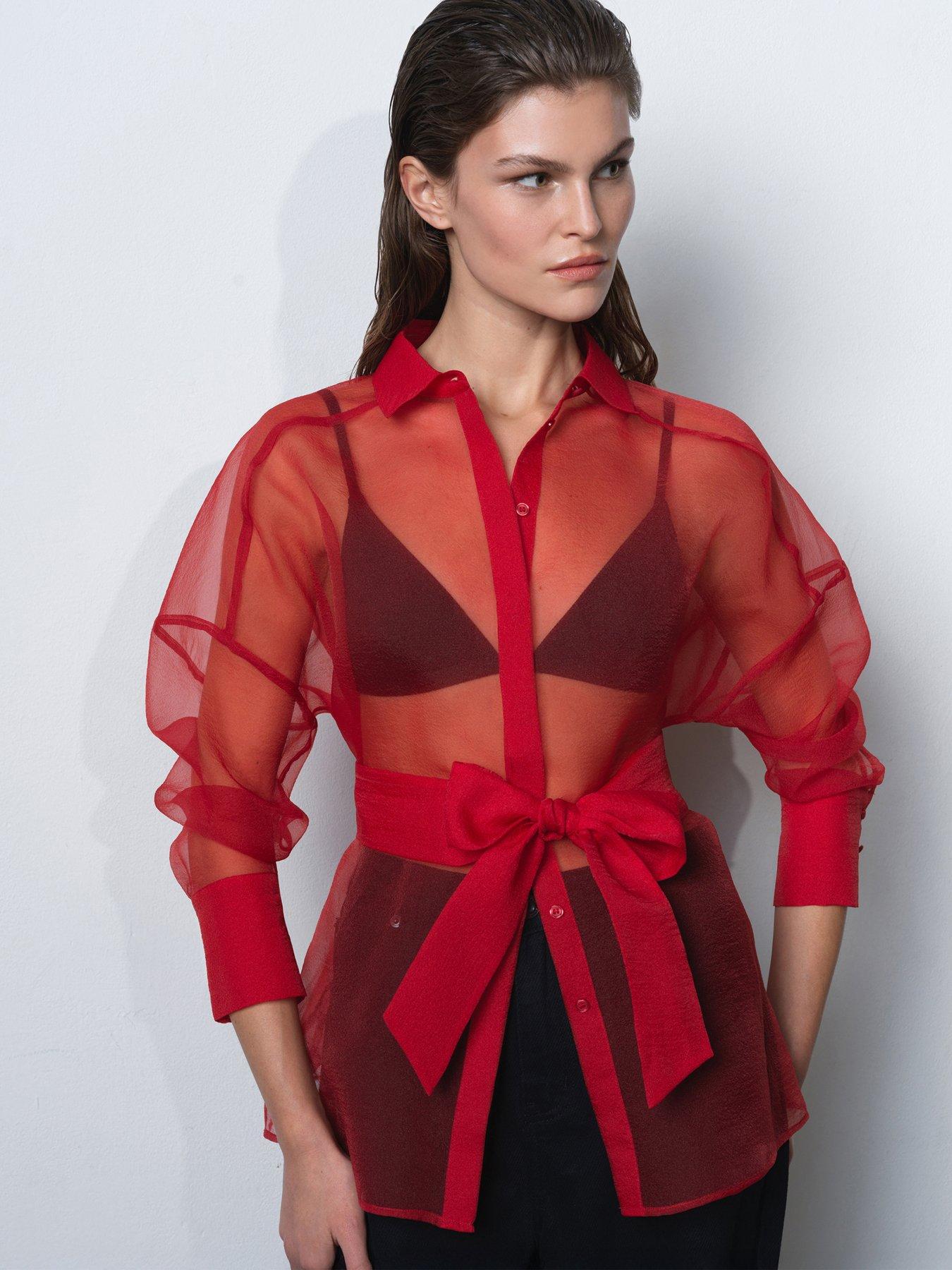 French Connection Sheer Organza Long Sleeve Tie Waist Collared Blouse - Red
