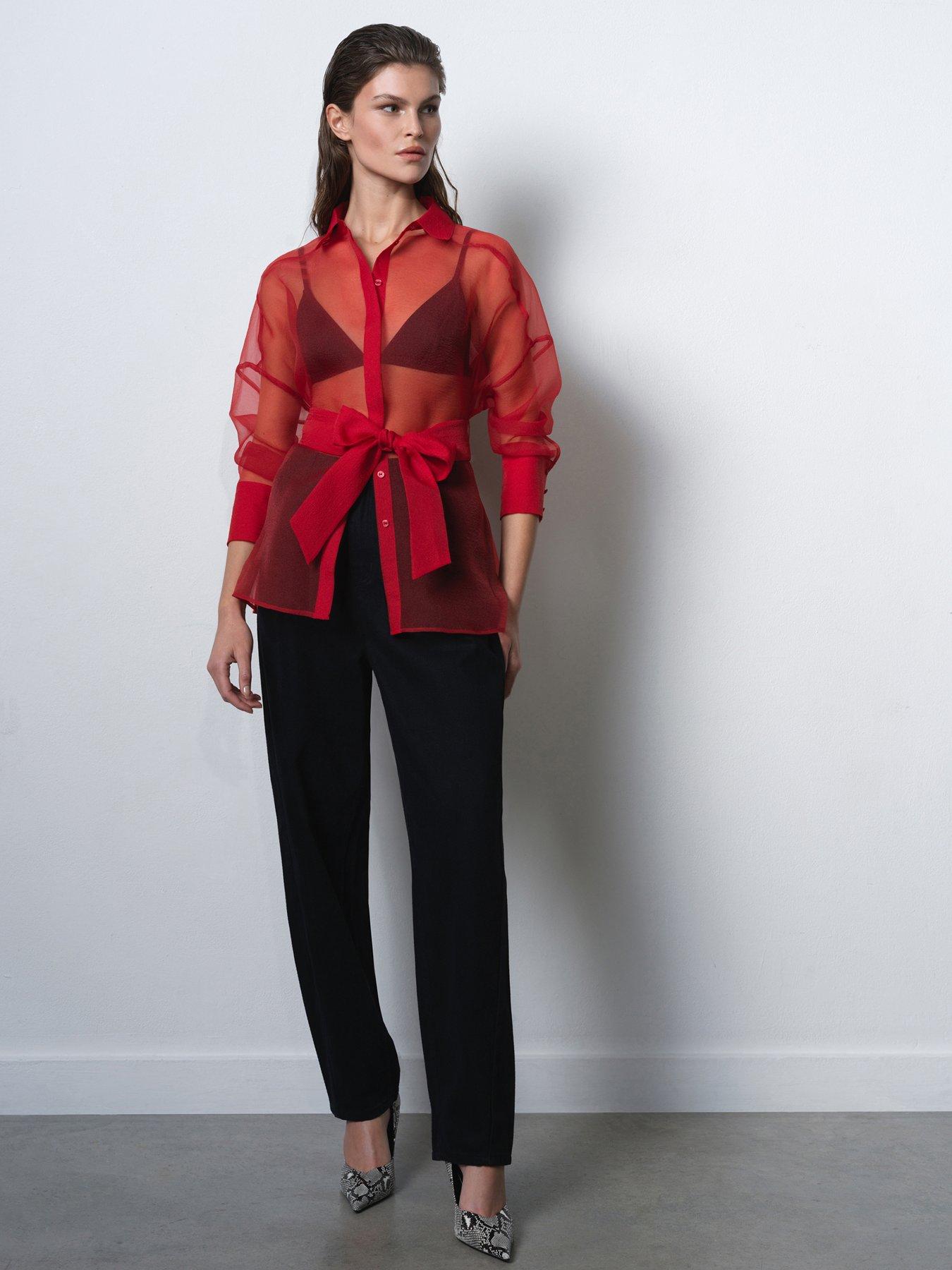 French Connection Sheer Organza Long Sleeve Tie Waist Collared