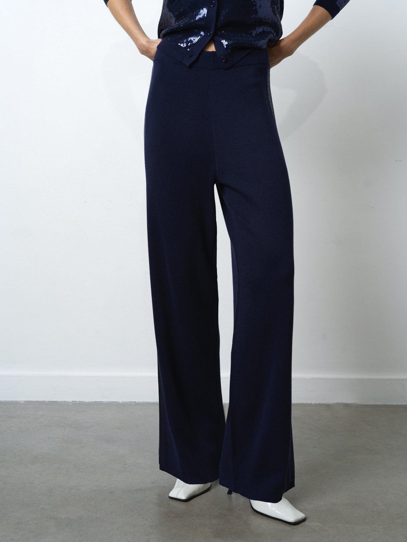 French Connection Straight Leg Side Sequin Elasticated Waist Trousers - Navy