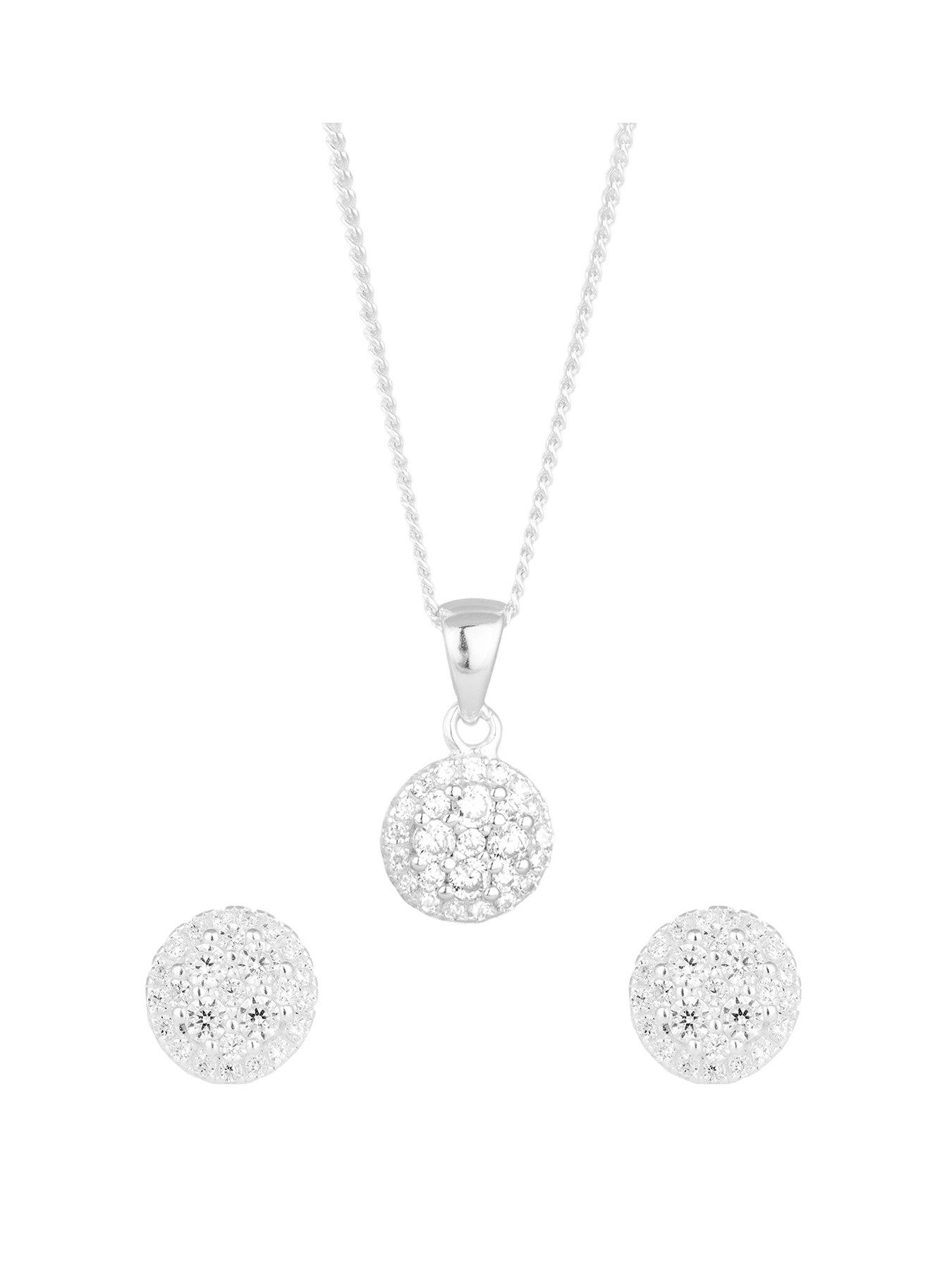 The Love Collection Sterling Silver Cluster CZ Round Stud Earring and Pendant Set