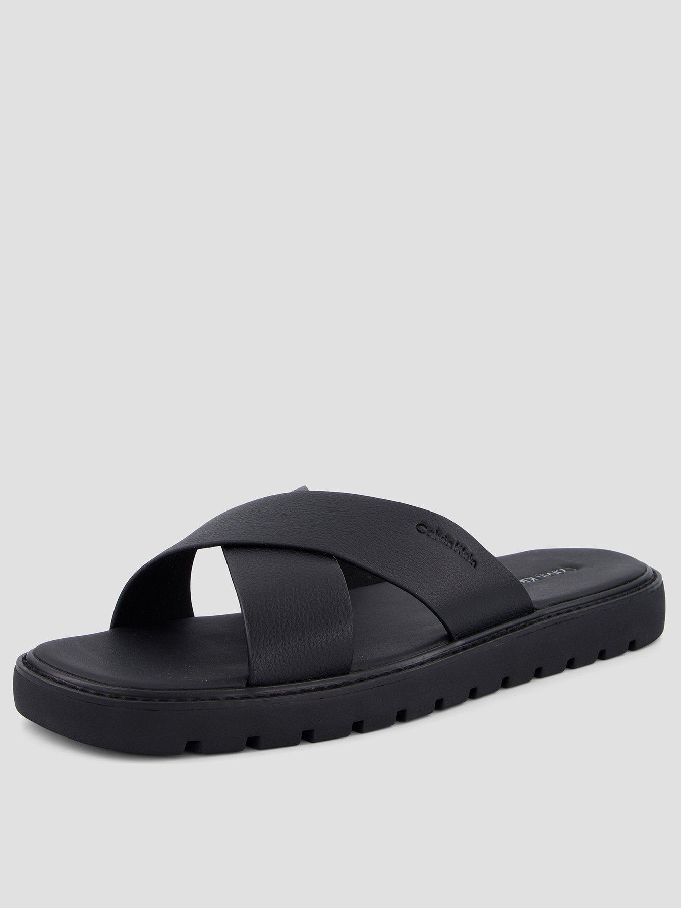 Calvin Klein Square Toe Cross-Strap Moulded Leather Sandal - Black