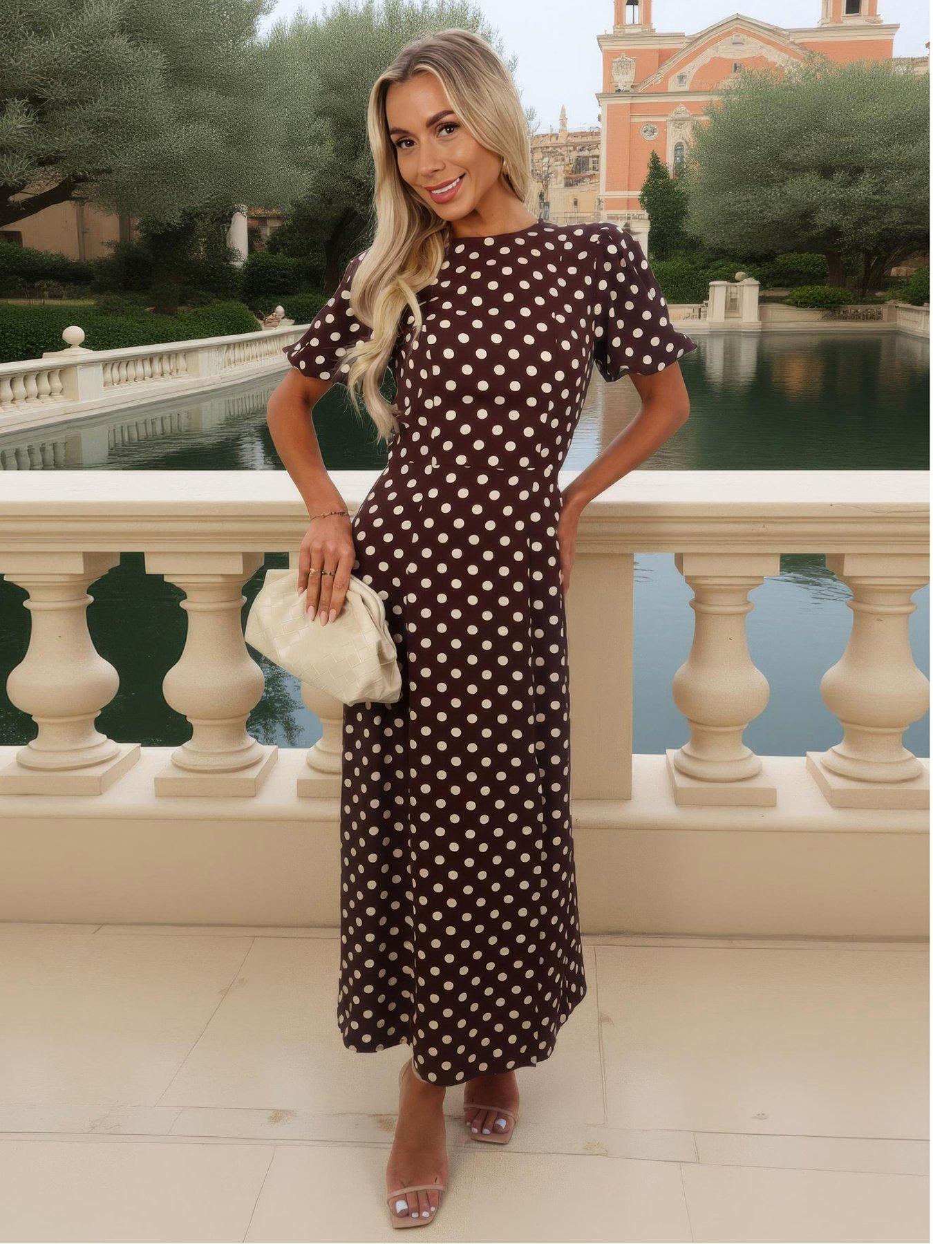 AX Paris Polka Dot Print Puff Sleeve Midi Dress - Brown