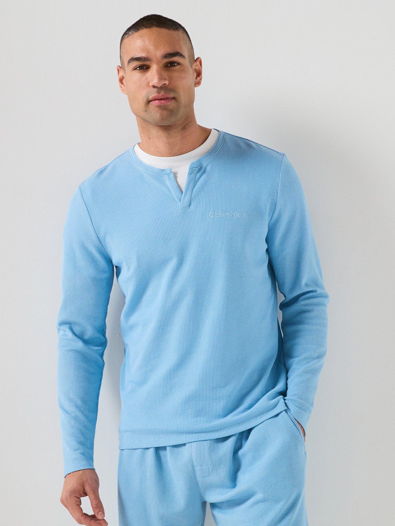 Calvin Klein Loungewear Waffle Henley Long Sleeve T-Shirt, Blue, Size M, Men
