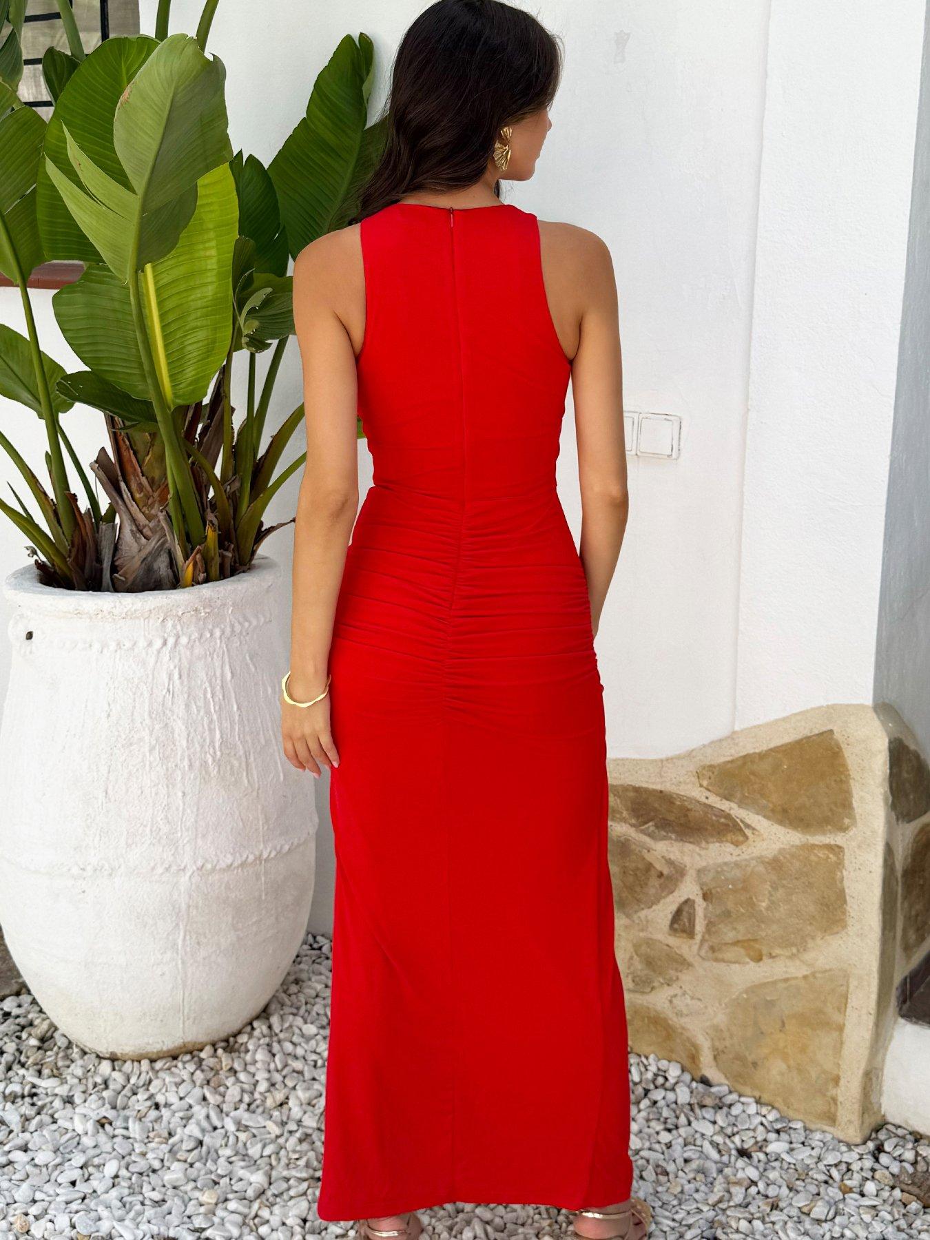Image 2 of 4 of AX Paris Racer Neckline Draped Skirt Dress - Red