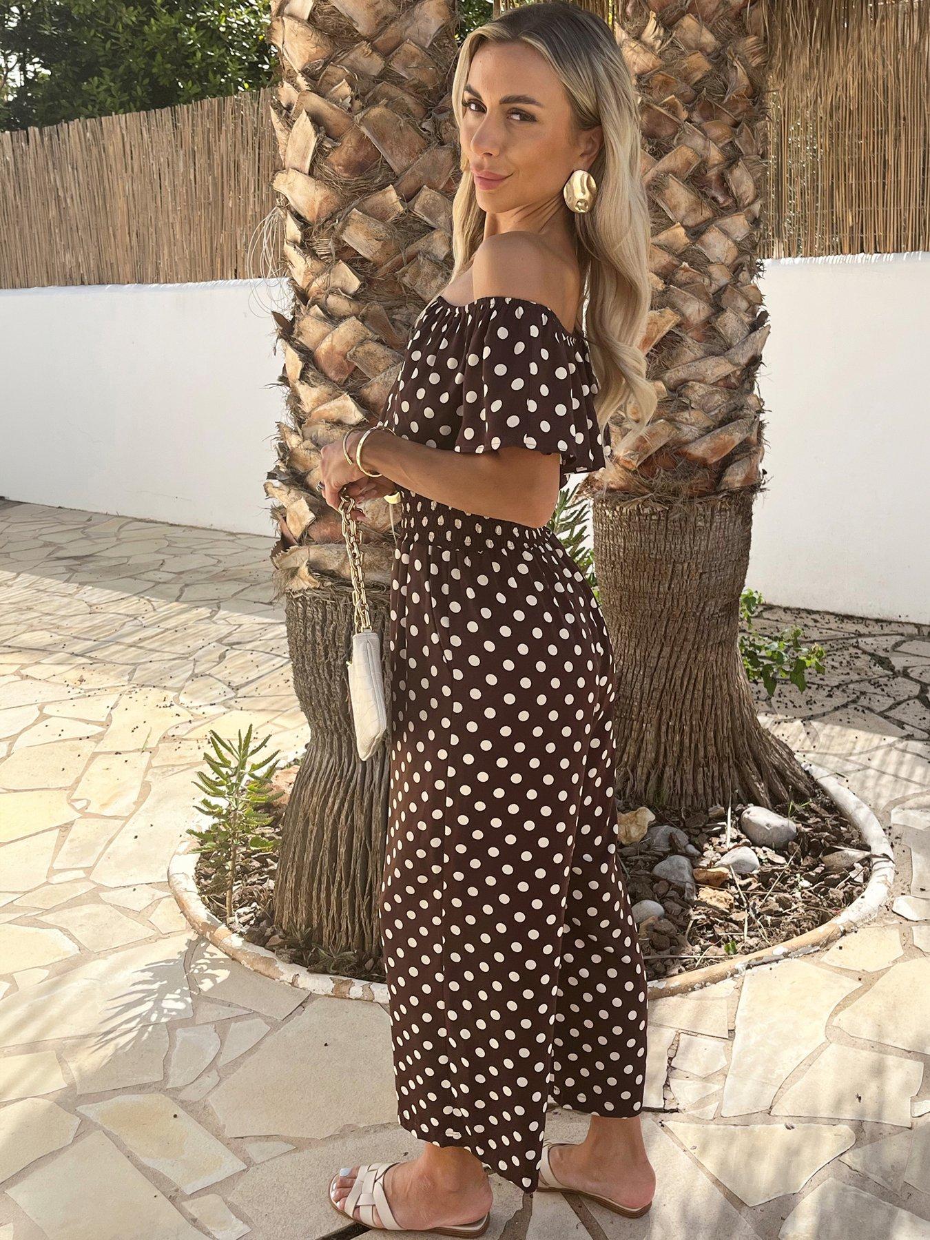 AX Paris Polka Dot Bardot Frill Culotte Jumpsuit - Brown | Very
