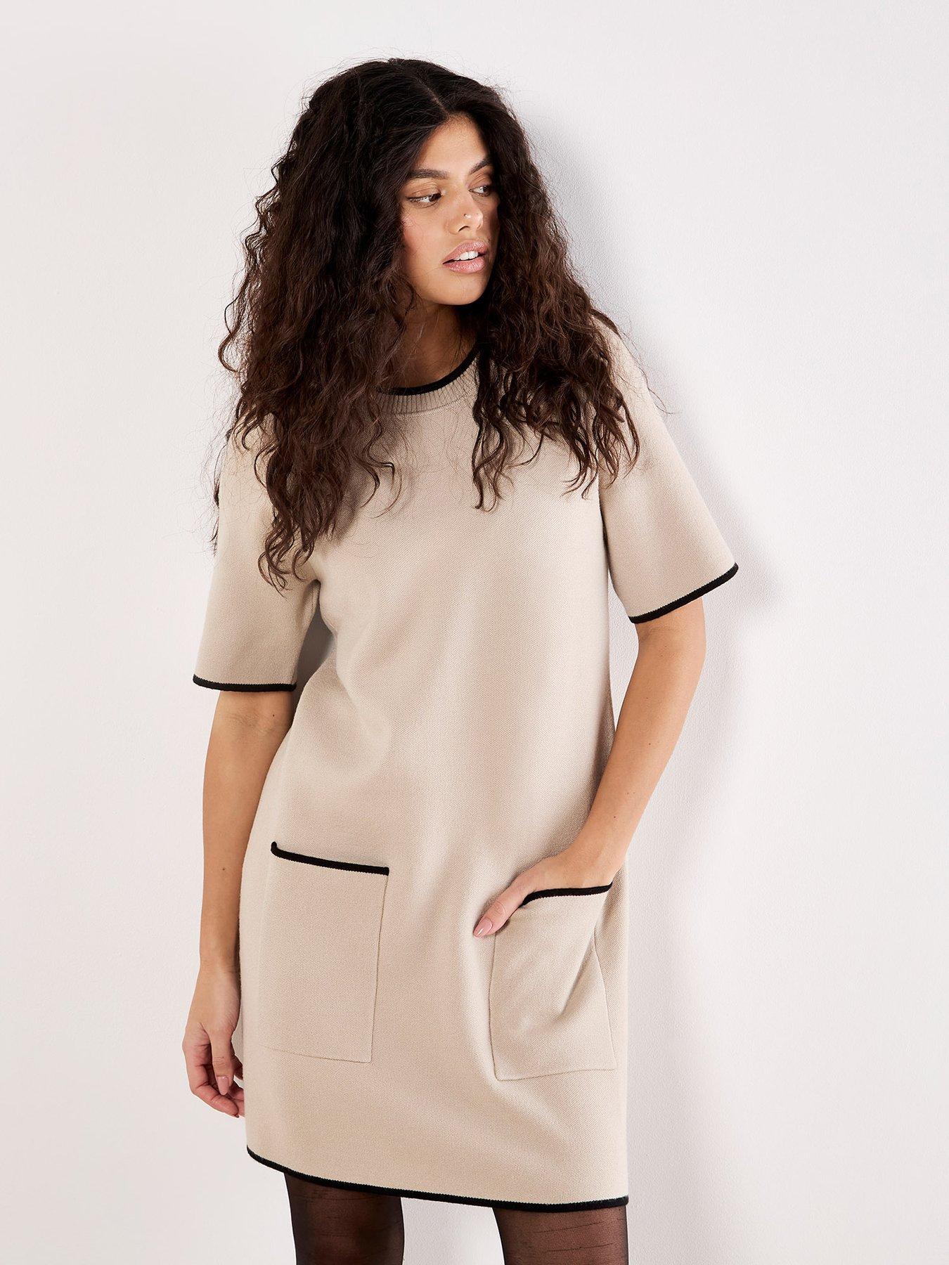 Apricot Contrast Tipping Knit Dress - Cream