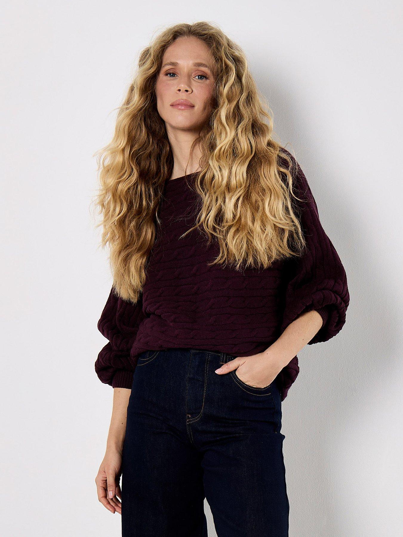 Apricot Cable Stripe Batwing Aran Knit Jumper - Purple | Very