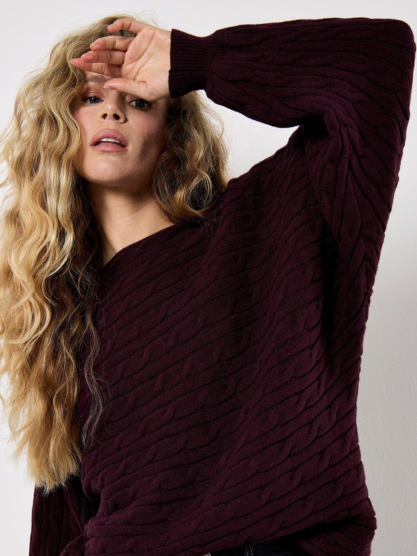 Apricot Cable Stripe Batwing Aran Knit Jumper - Purple | Very