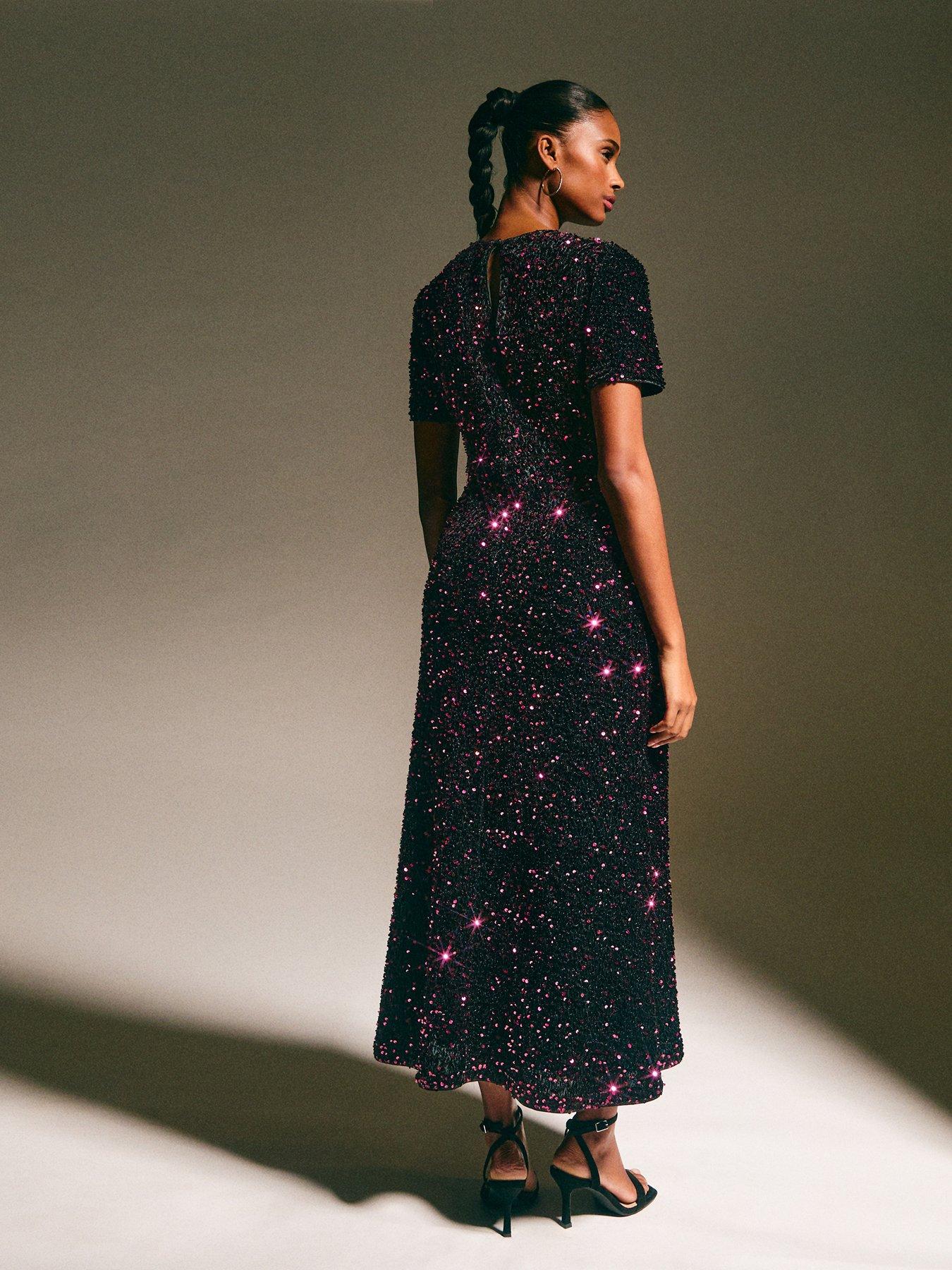 New Look Velvet A-line Midi Sequin Dress - Dark Burgundy