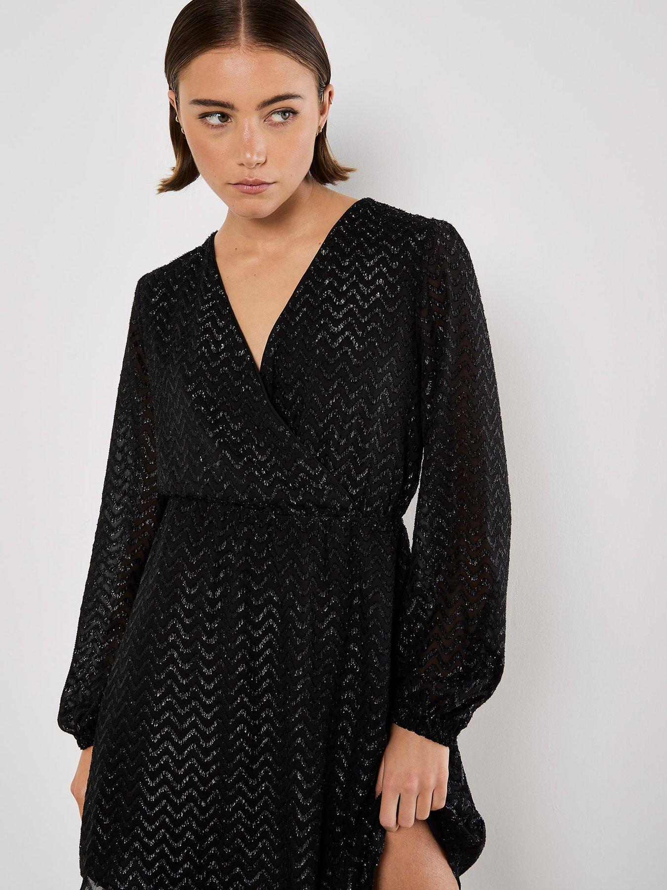 Image 1 of 4 of Apricot Chevron Jacquard Wrap Dress - Black