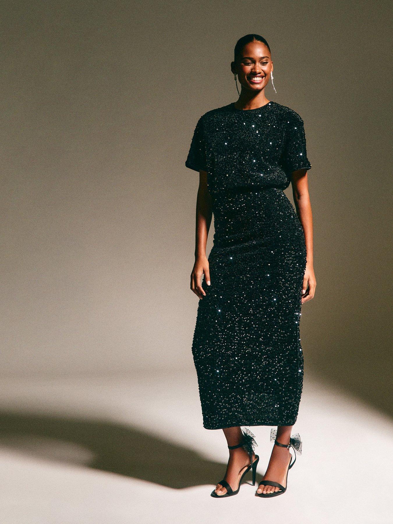 New Look Black Velvet Sequin Embellished Midi Skirt