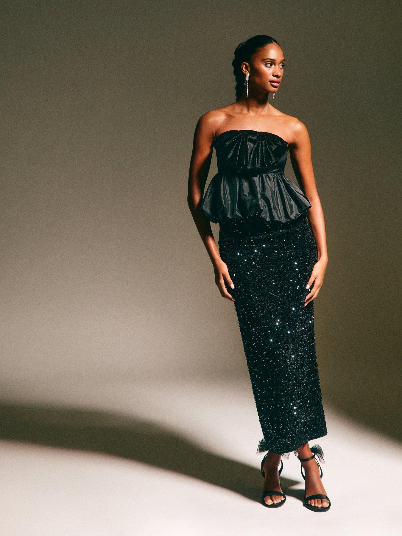 New Look Black Velvet Sequin Embellished Midi Skirt