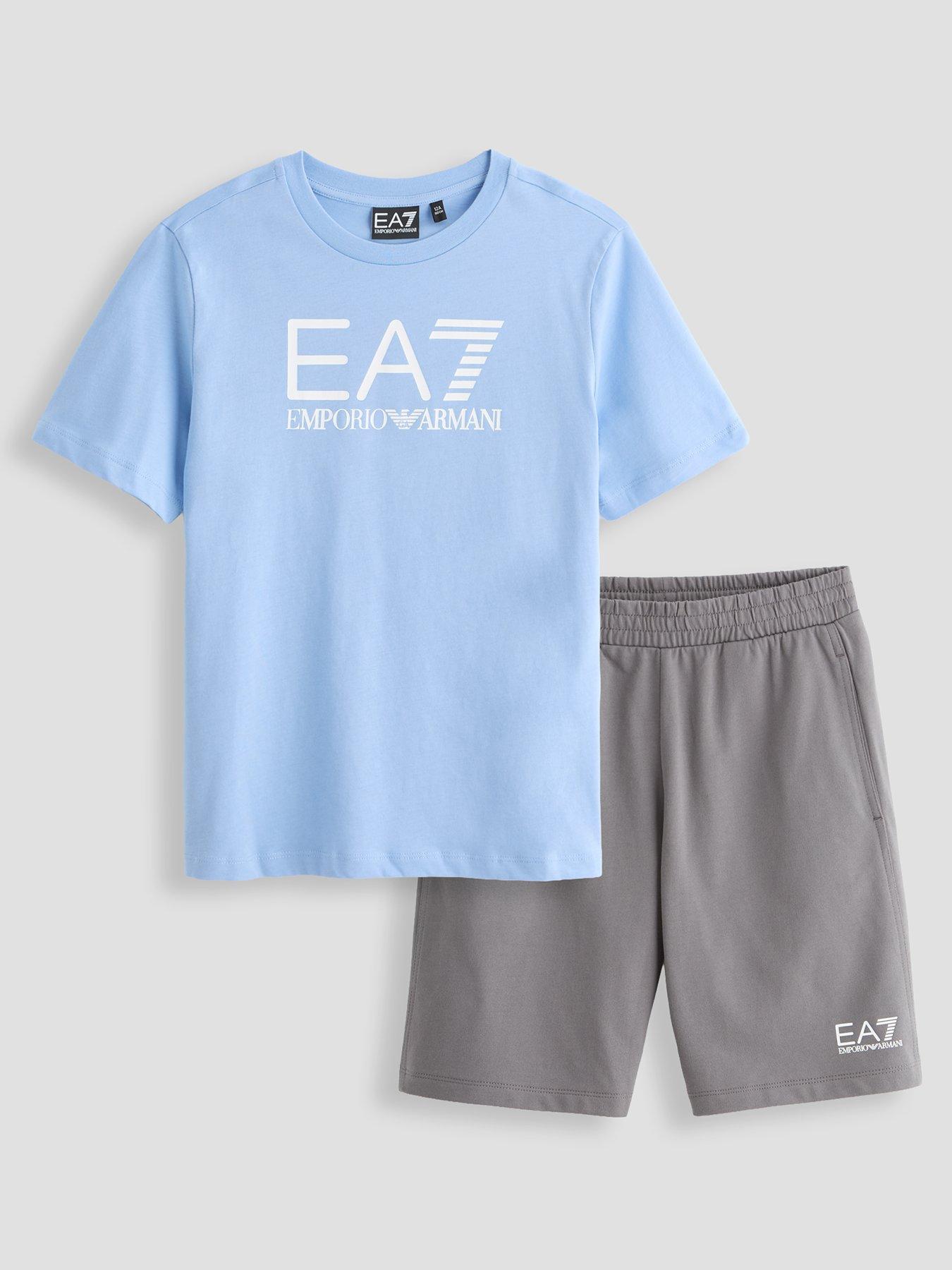 EA7 Emporio Armani Boys Train Visibility Short Sleeve T-Shirt And Short Set - Blue/Grey