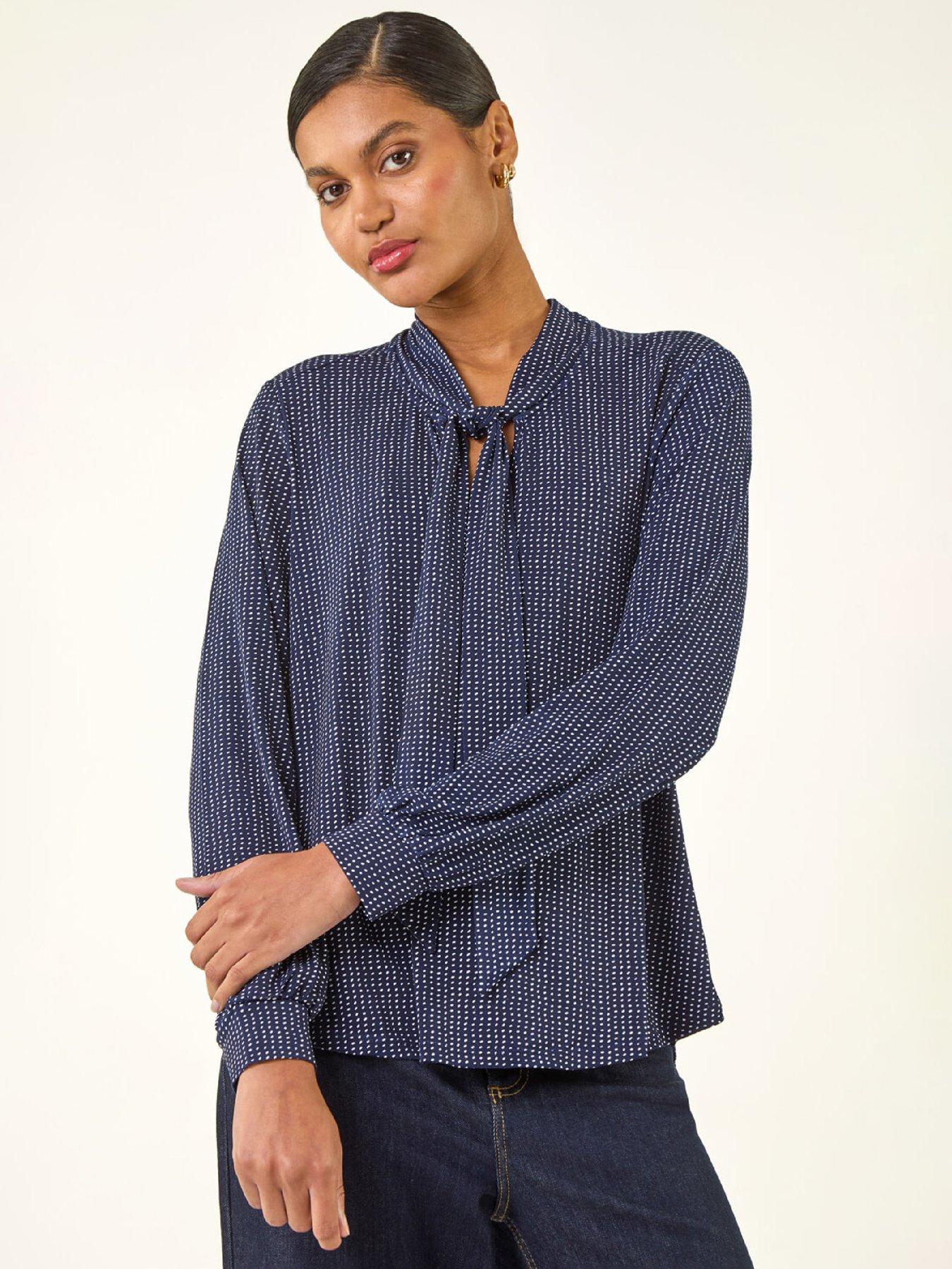 Roman Polka Dot Tie Neck Top - Blue