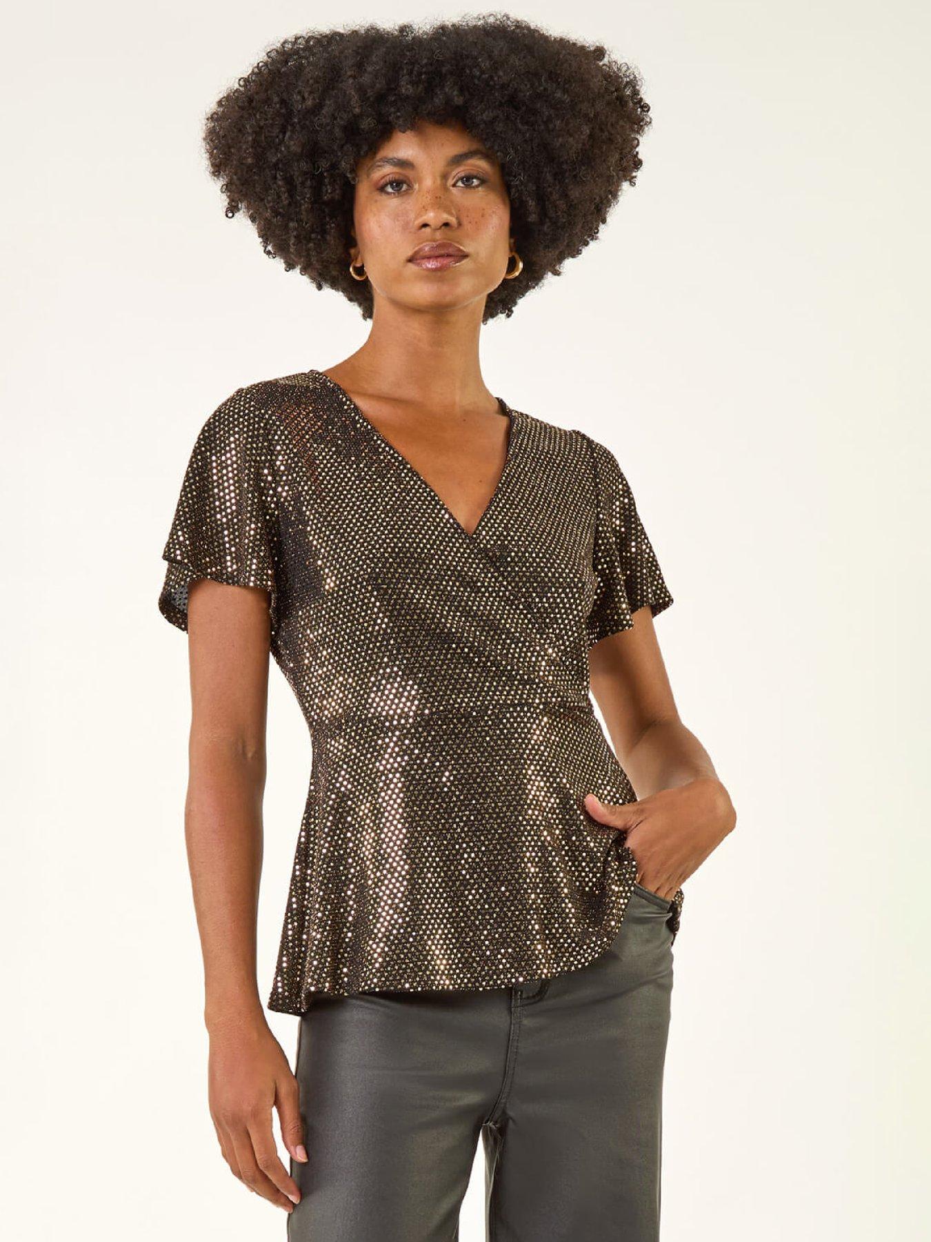Roman Shimmer Wrap Front Tunic Top - Brown