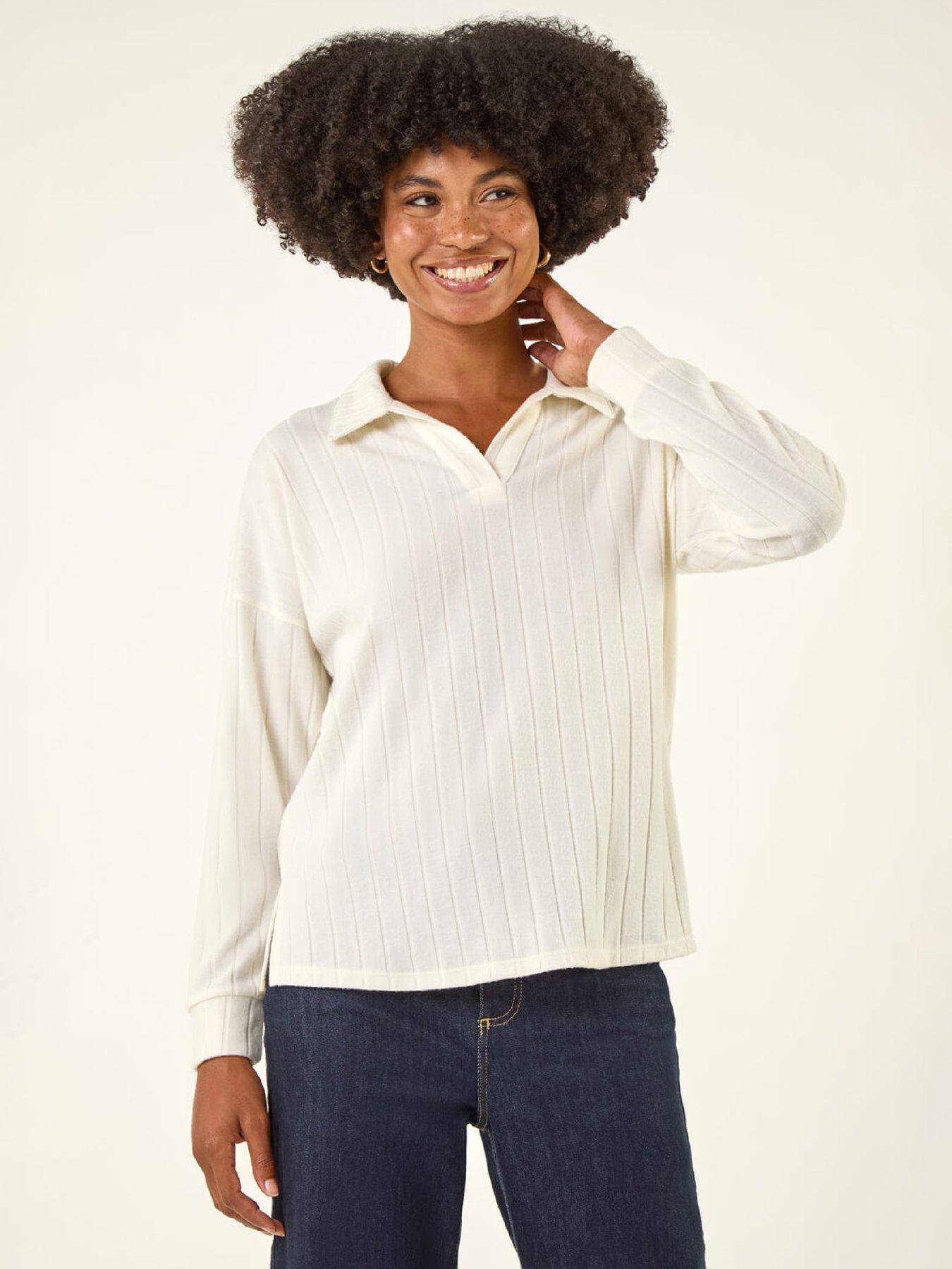 Image 1 of 5 of Roman Ribbed Collared Stretch Top - White