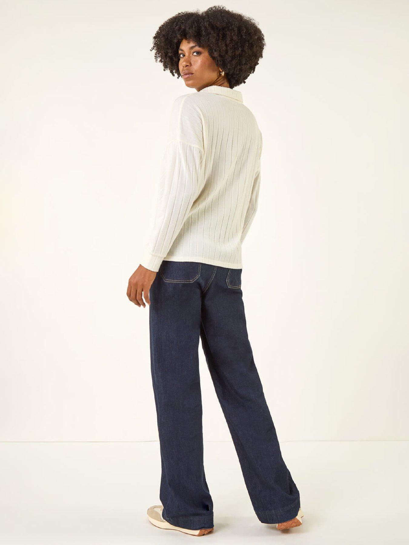 Image 2 of 5 of Roman Ribbed Collared Stretch Top - White