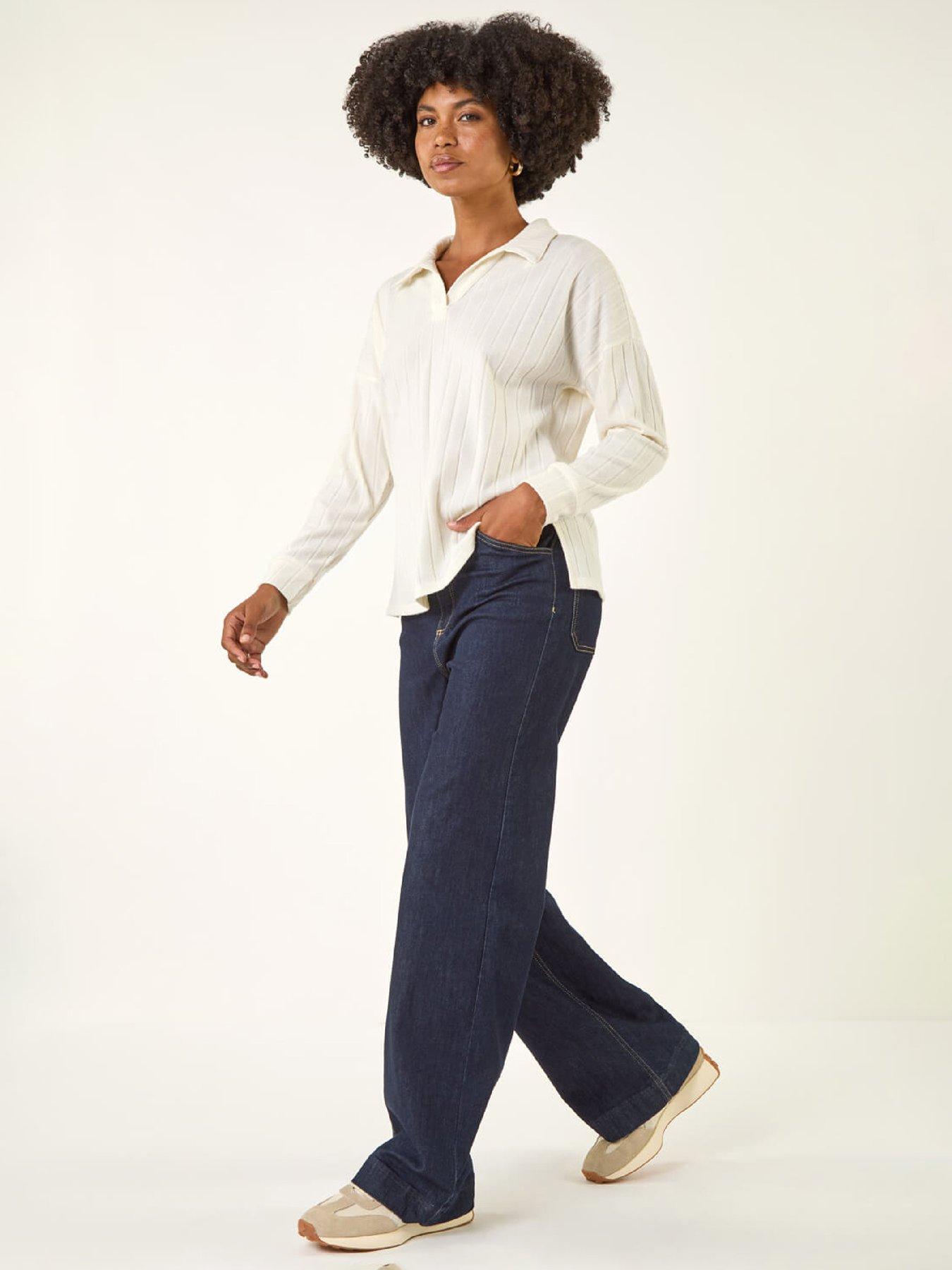 Image 3 of 5 of Roman Ribbed Collared Stretch Top - White