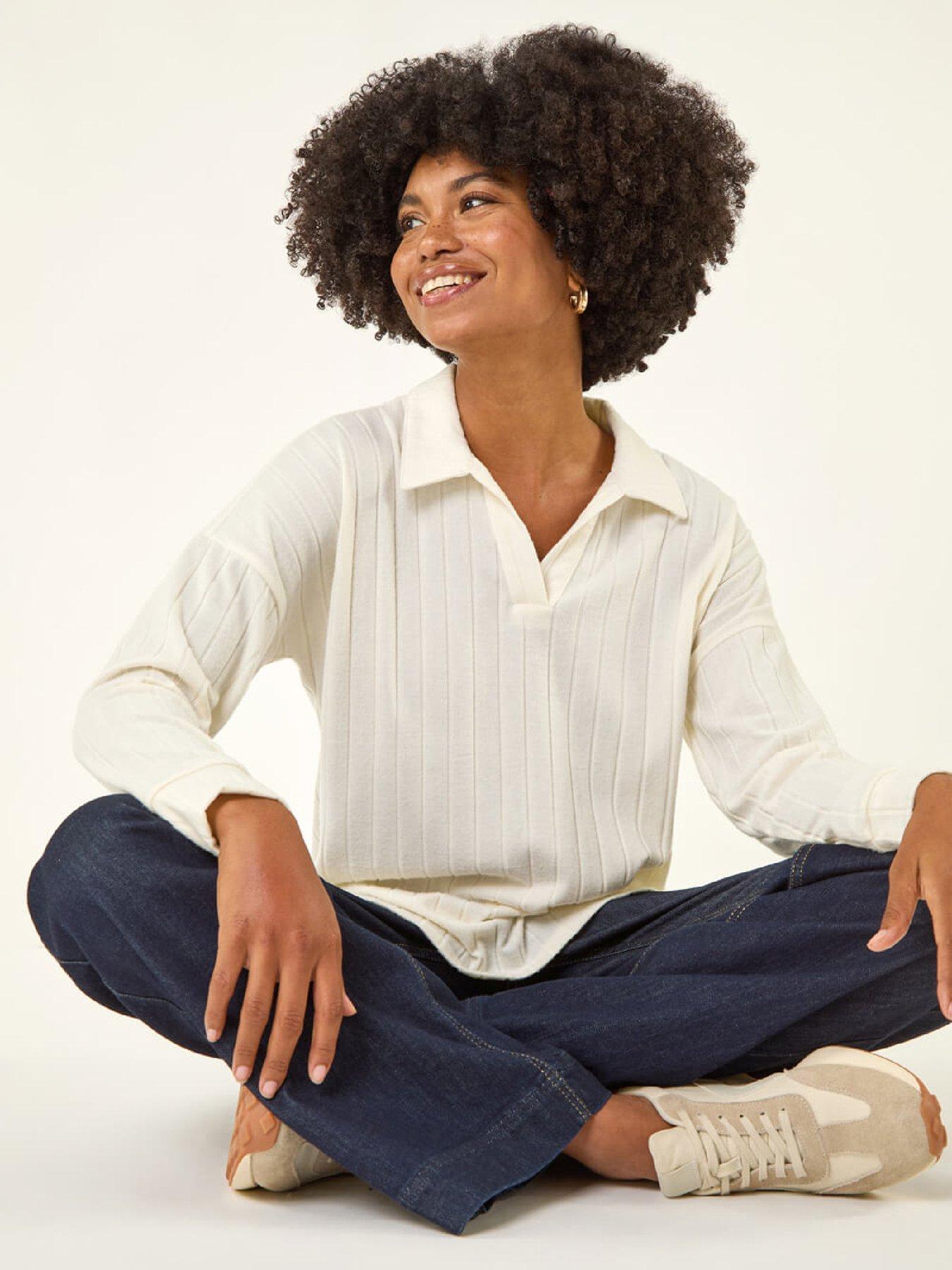 Image 4 of 5 of Roman Ribbed Collared Stretch Top - White