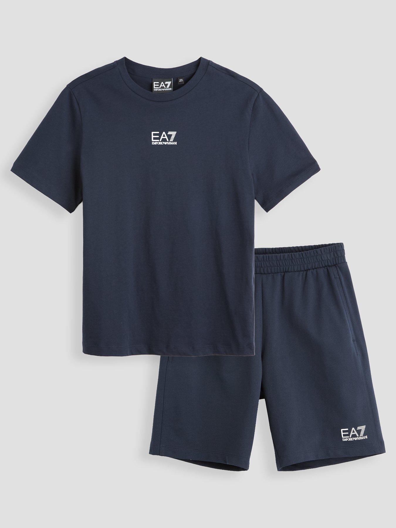 EA7 Emporio Armani Boys Train Core Id Short Sleeve T-Shirt And Shorts Set, Navy, Size Age: 10 Years
