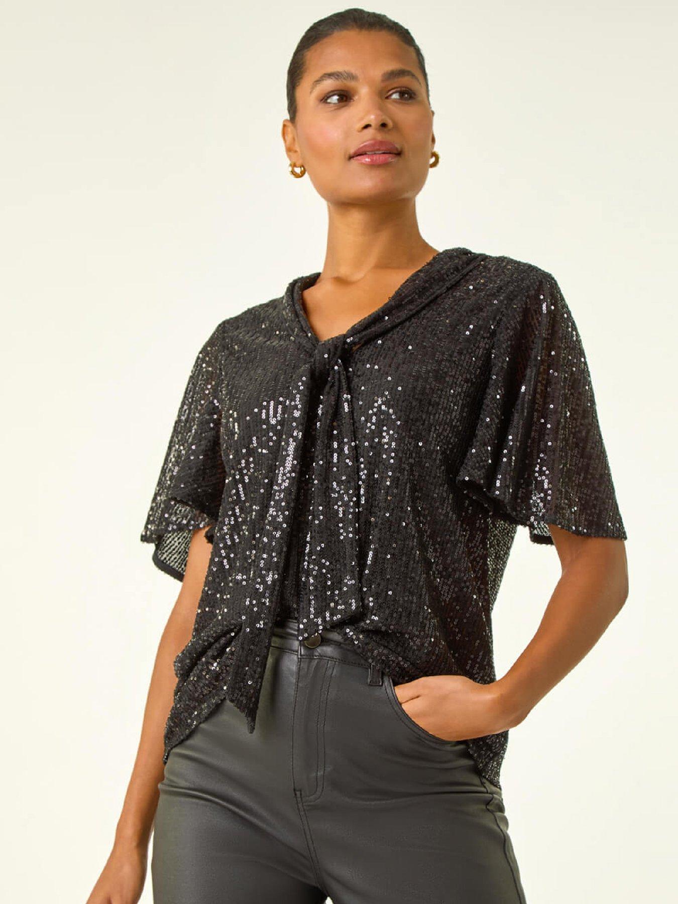 Roman Sequin Tie Neck Stretch Top - Black