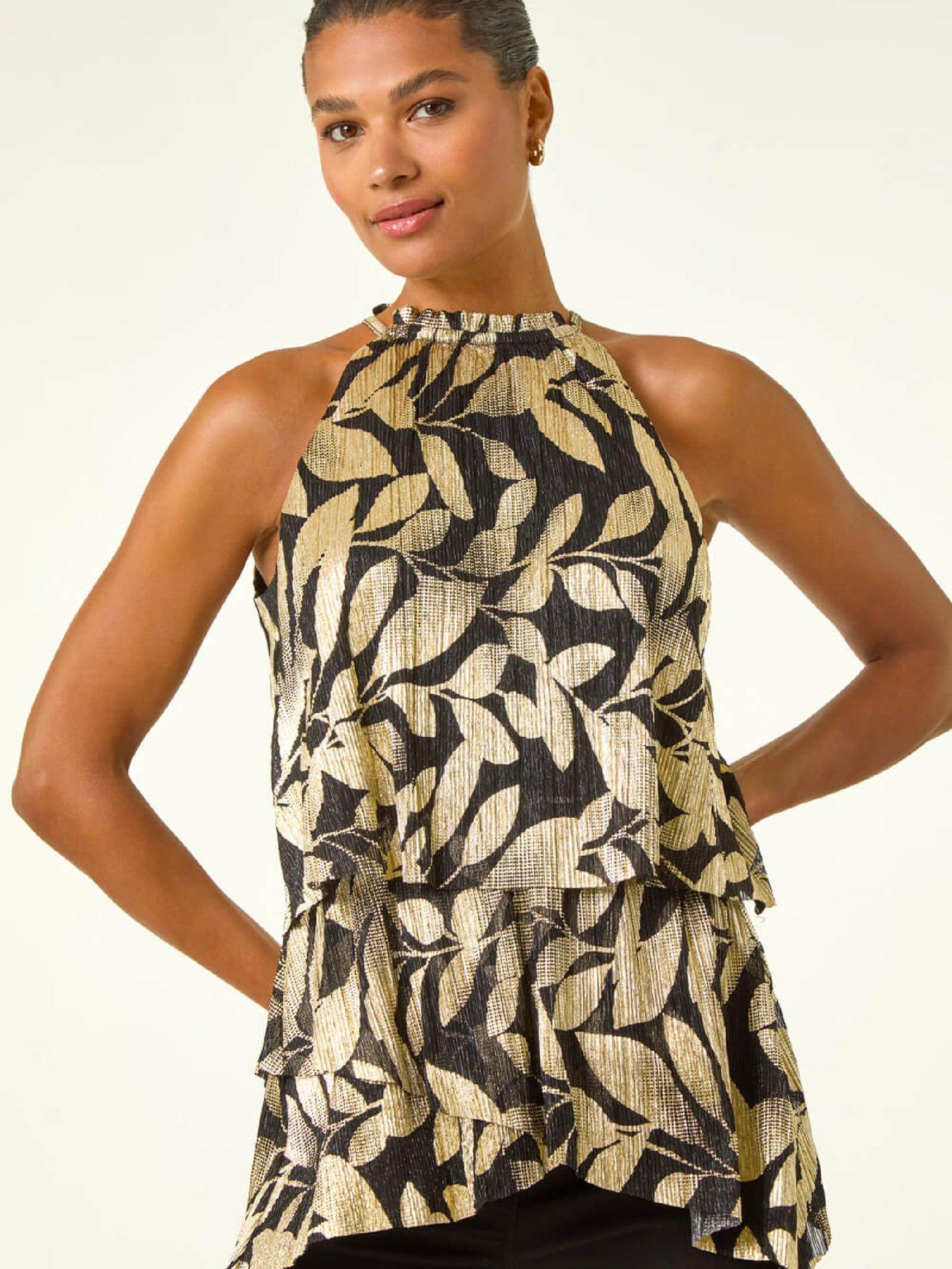 Roman Plisse Foil High Neck Top - Yellow