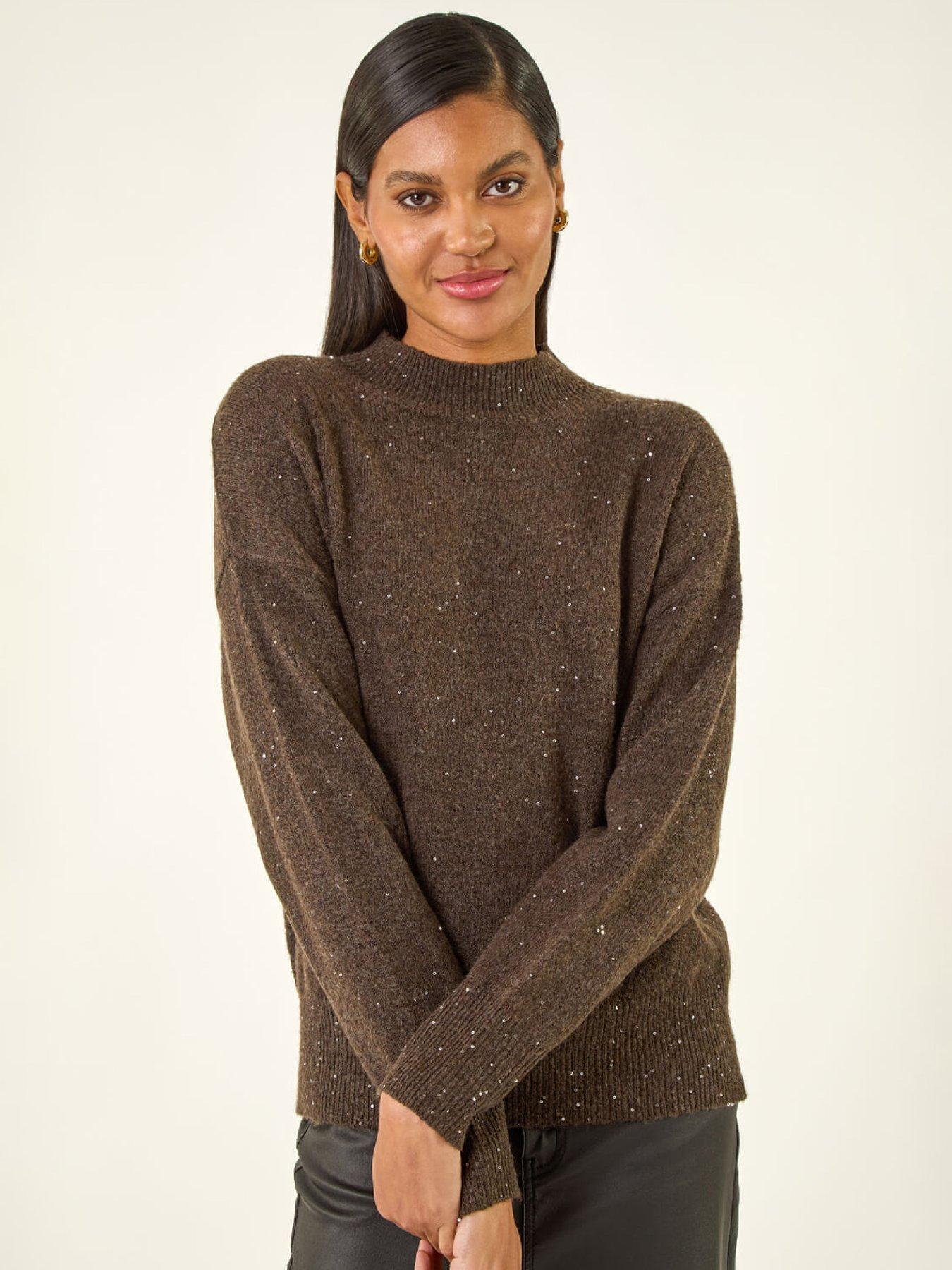 Roman Sequin High Neck Knit Jumper - Brown