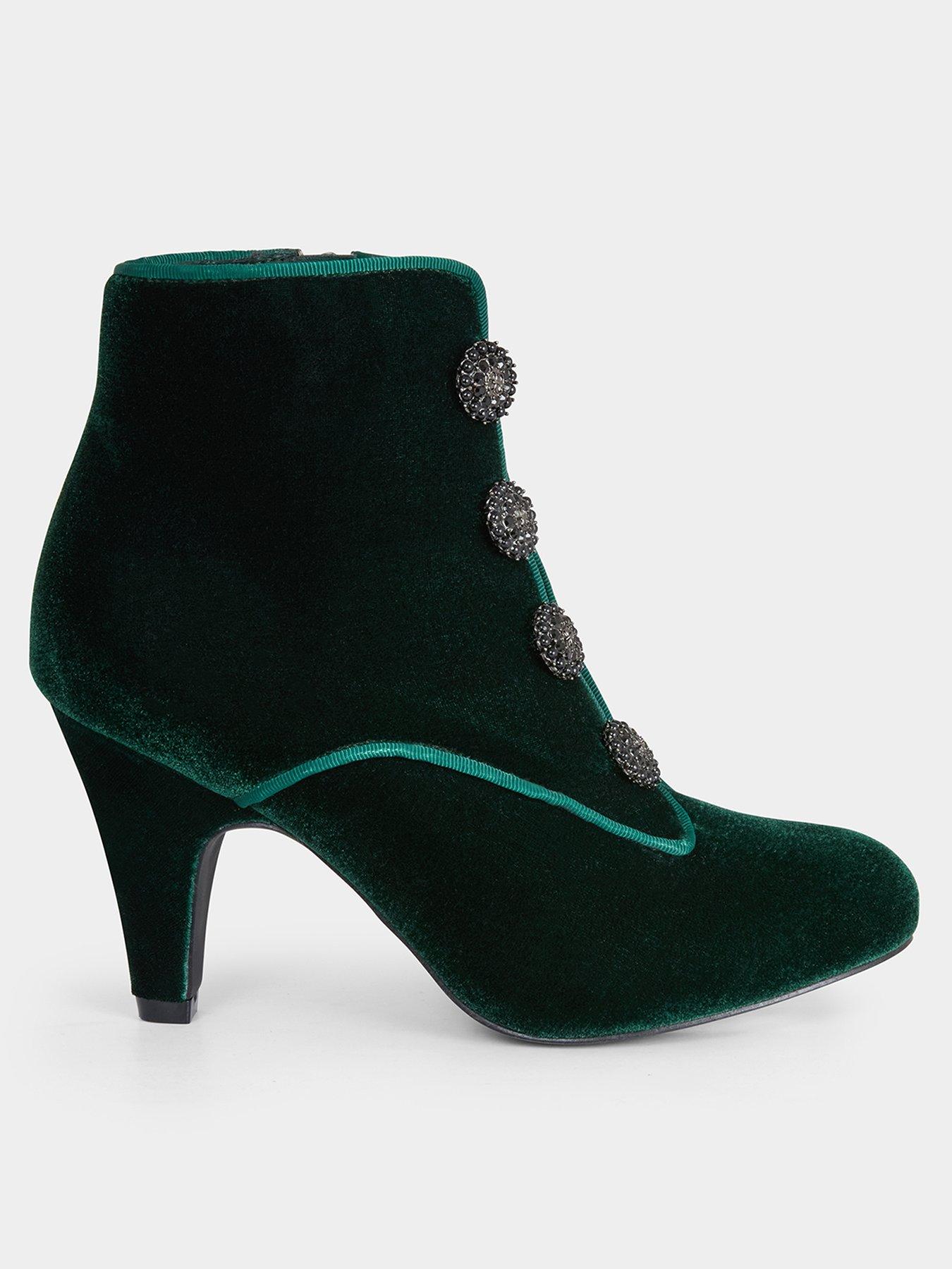 Joe Browns Charming Jewel Button Velvet Ankle Boots Dark Green