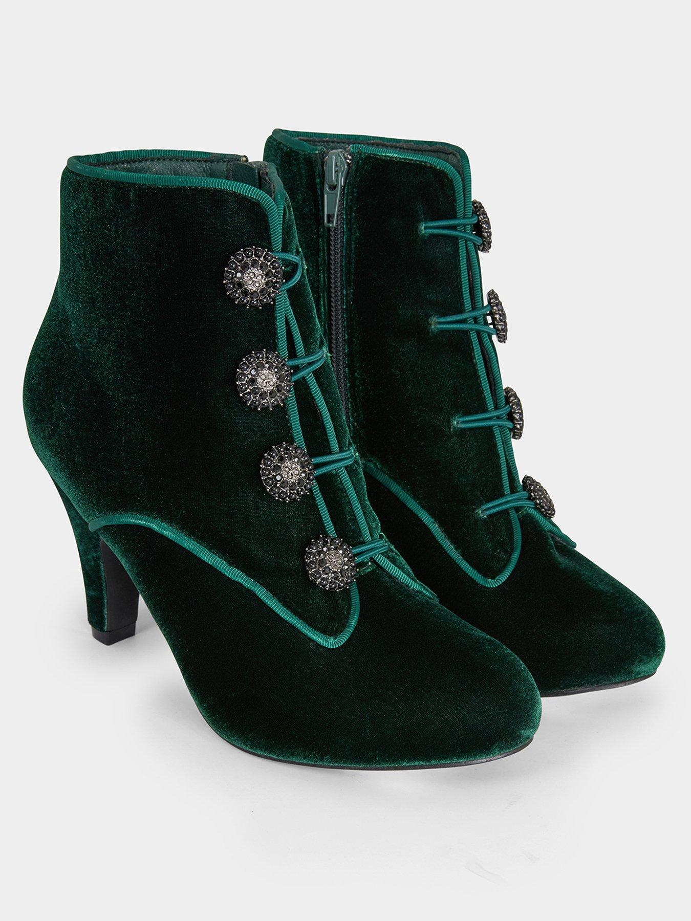 Joe Browns Charming Jewel Button Velvet Ankle Boots Dark Green