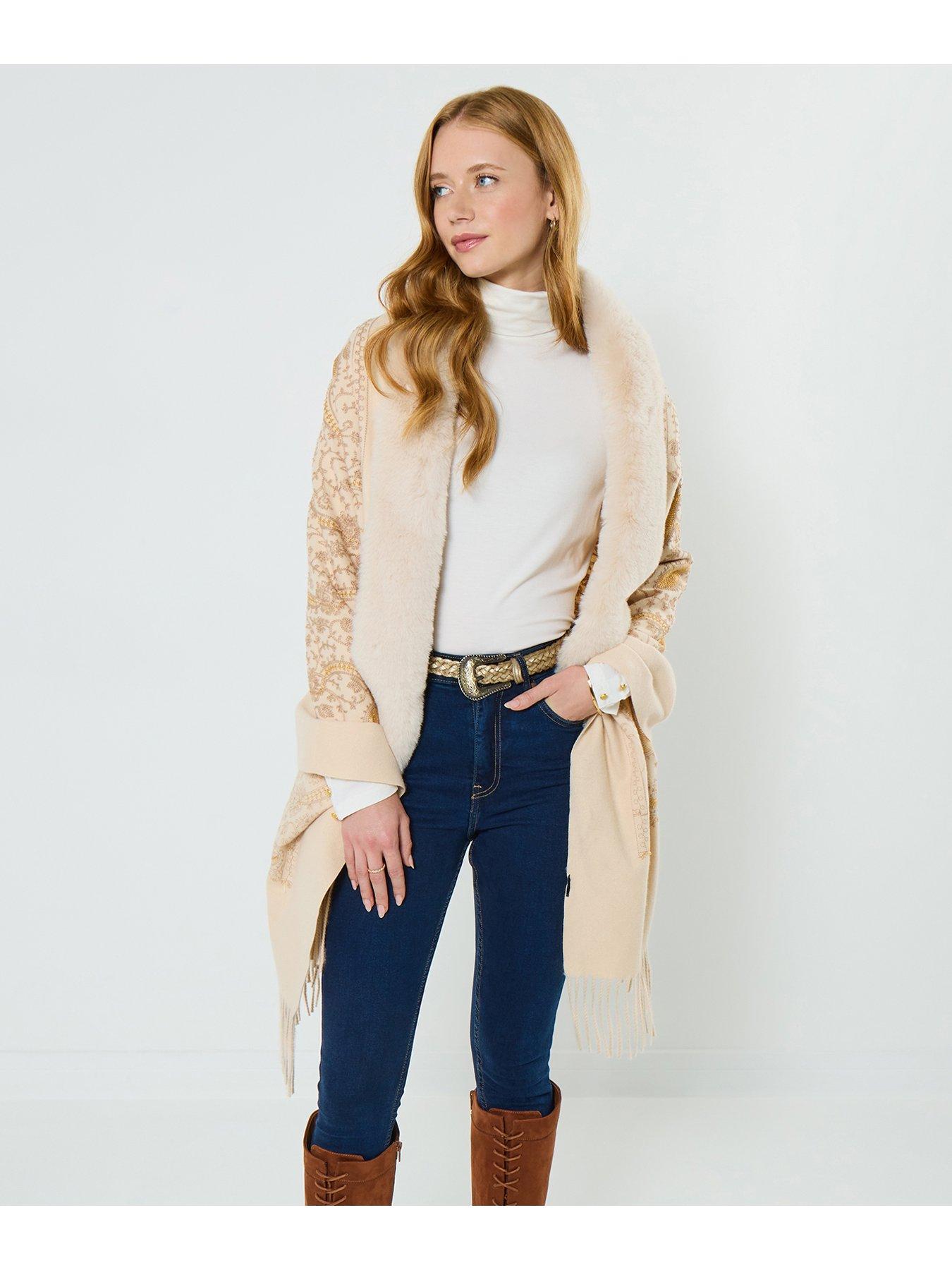 Joe Browns Embroidered Paisley Wrap With Fur - Beige