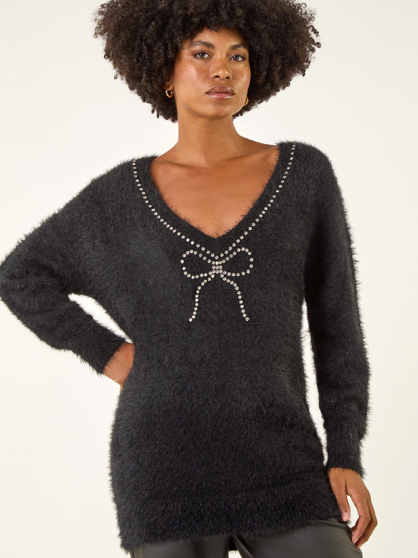 Roman Fluffy Embellished Bow Knit Jumper - Black