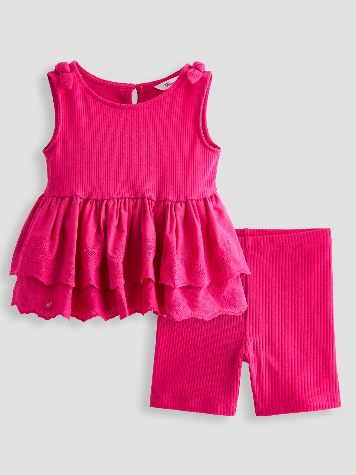 The Very Collection Girls Rib Broderie Frill Top  &  Shorts Set - Pink