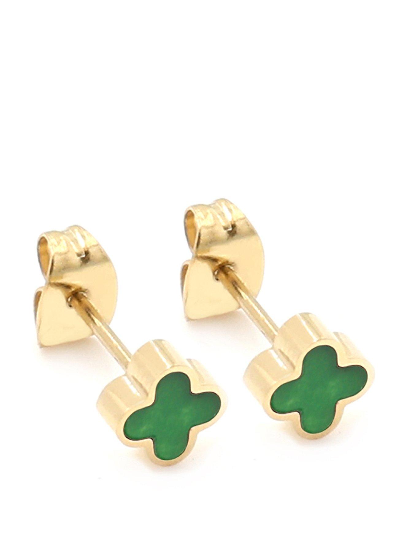 Say It With Green Crystal Clover Earrings - Yellow Gold