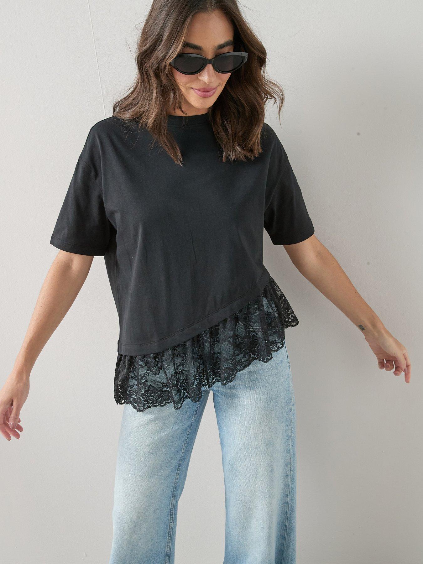 The Very Collection Lace Hem Asymmetric T-Shirt - Black