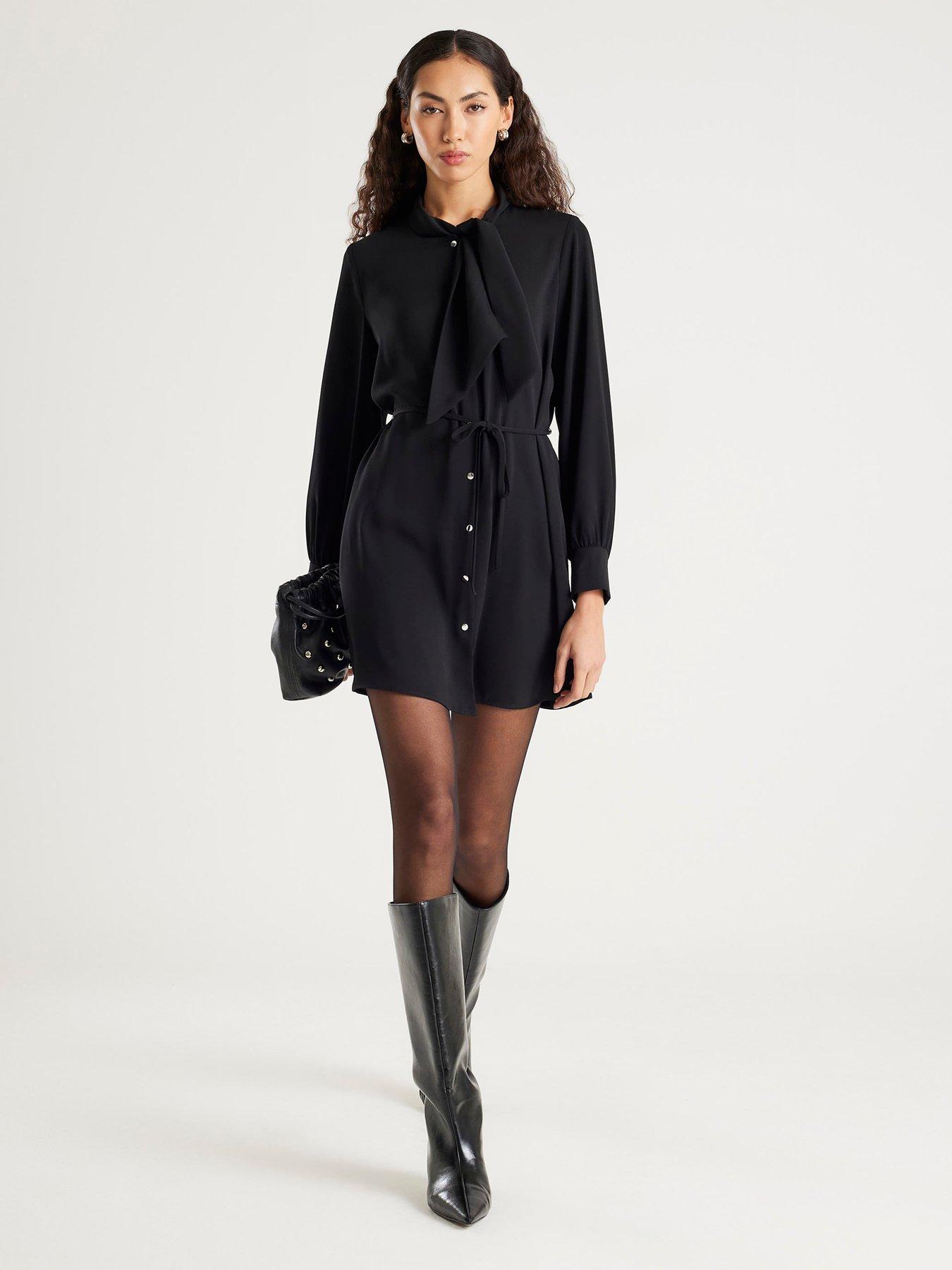 River Island Pussybow Mini Shirt Dress - Black