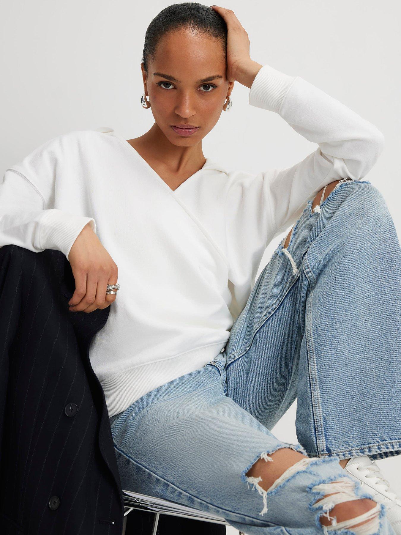 River Island Long Sleeve Wrap Front Hooded Sweatshirt - Cream