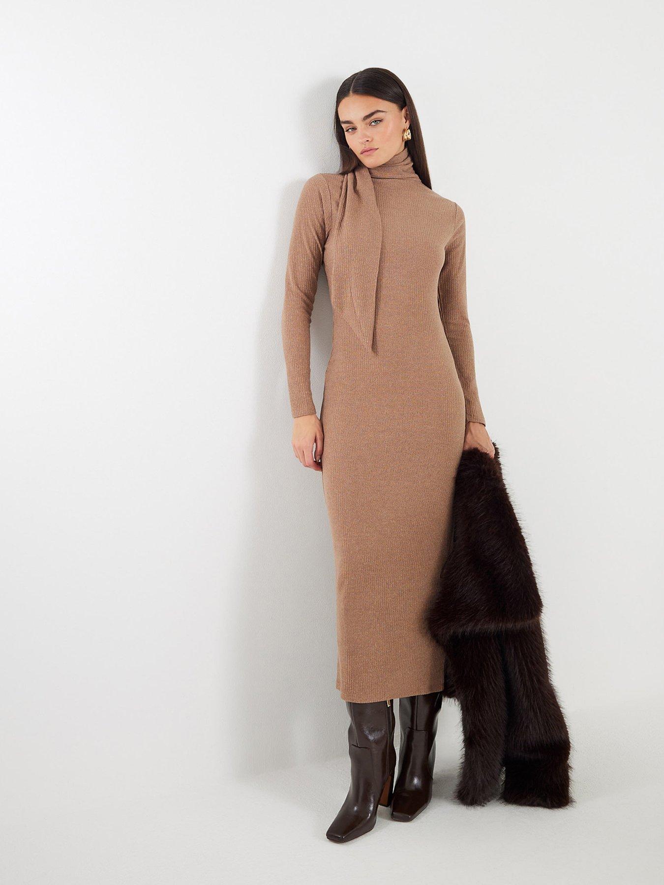 River Island Long Sleeve Scarf Tie Neck Dress - Brown