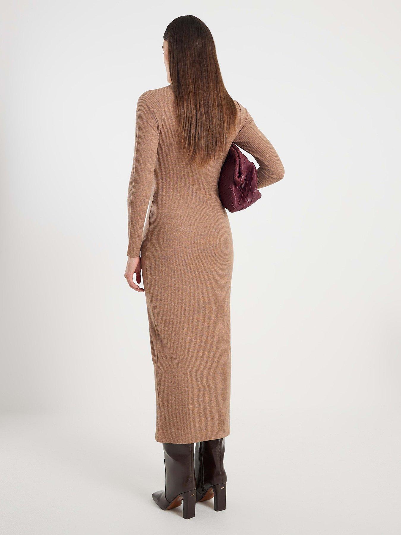 Image 2 of 4 of River Island Long Sleeve Scarf Tie Neck Dress - Brown