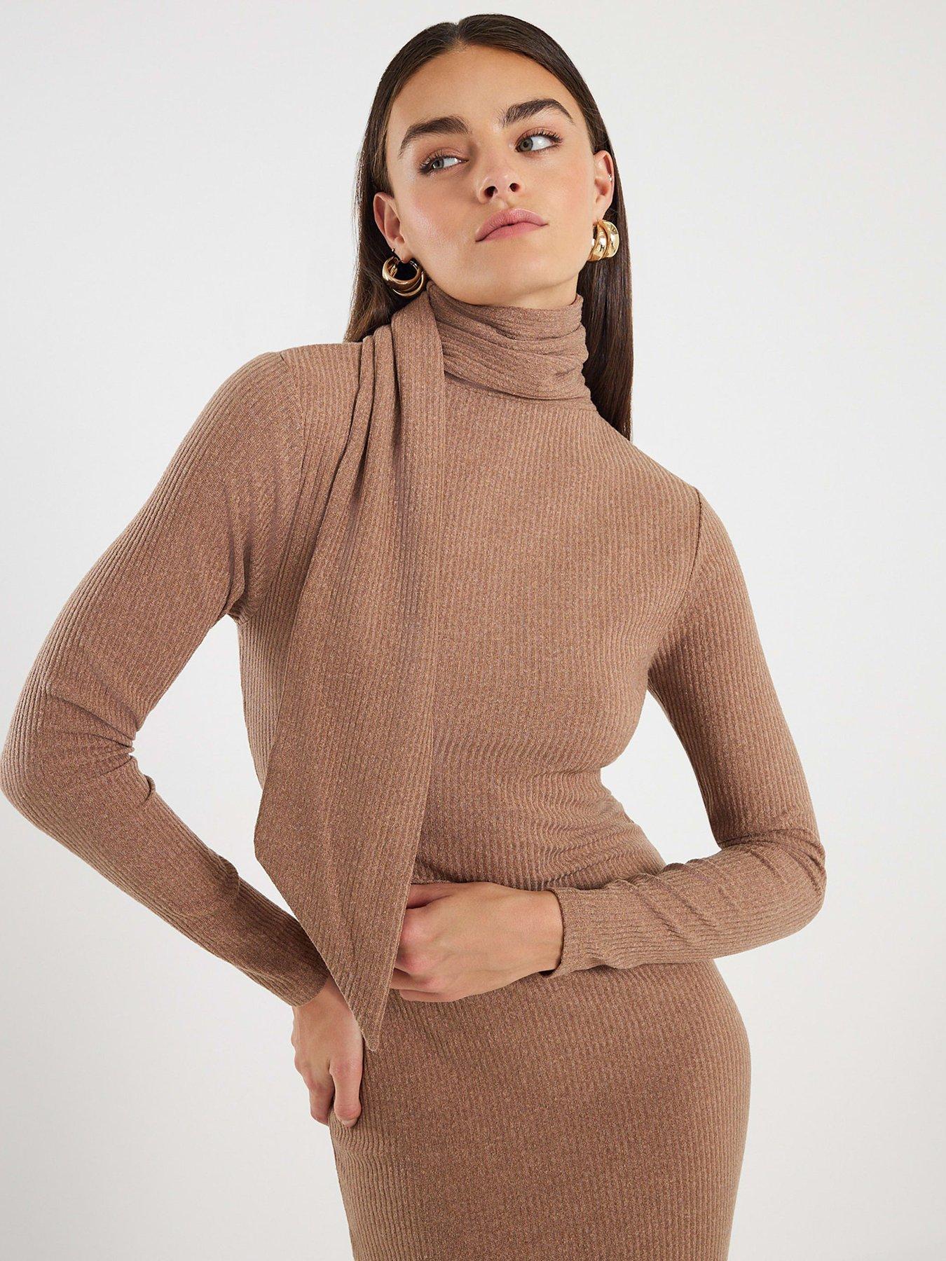 Image 4 of 4 of River Island Long Sleeve Scarf Tie Neck Dress - Brown