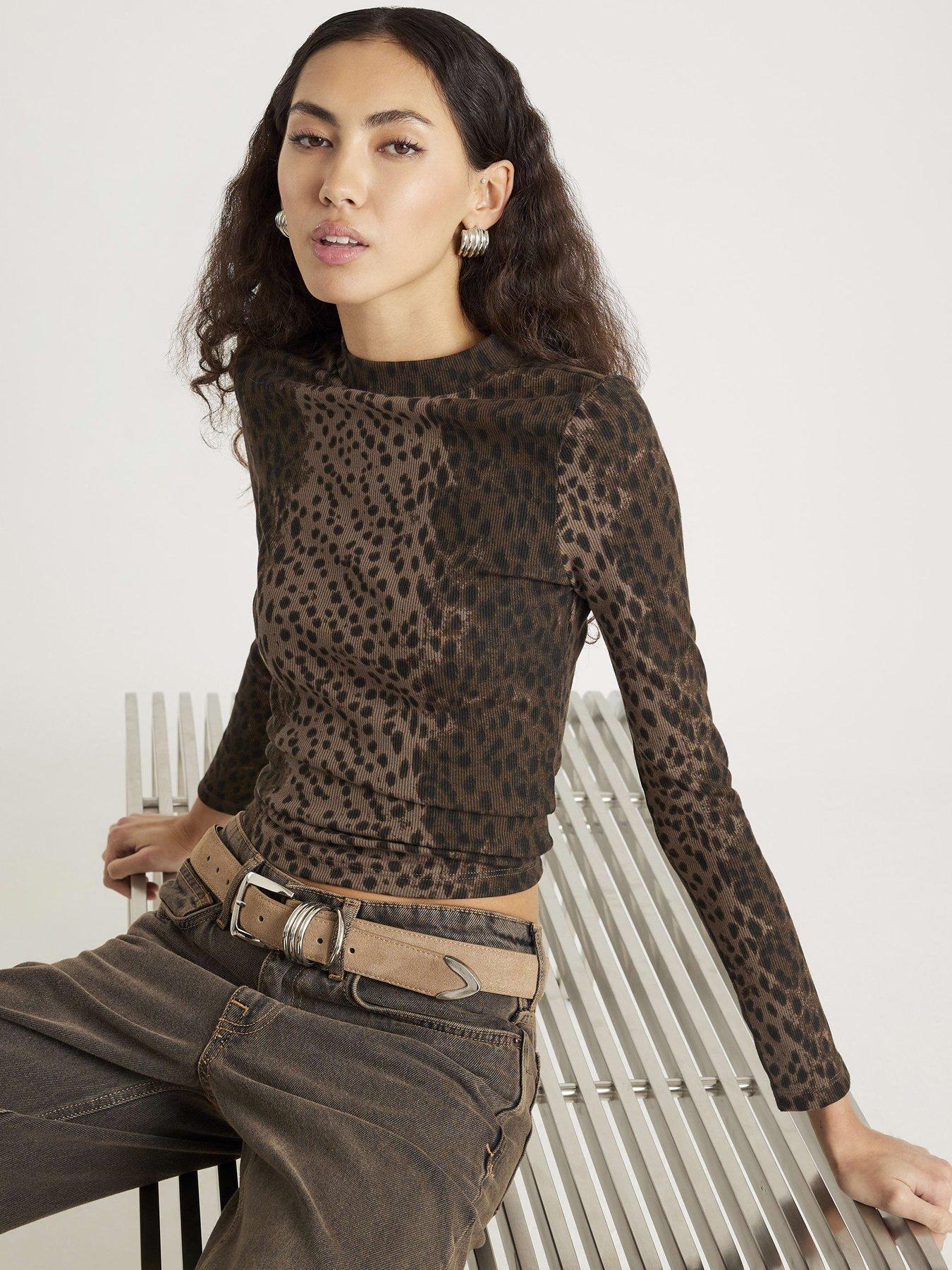 River Island Long Sleeve Ribbed Crew Neck Animal Top - Brown
