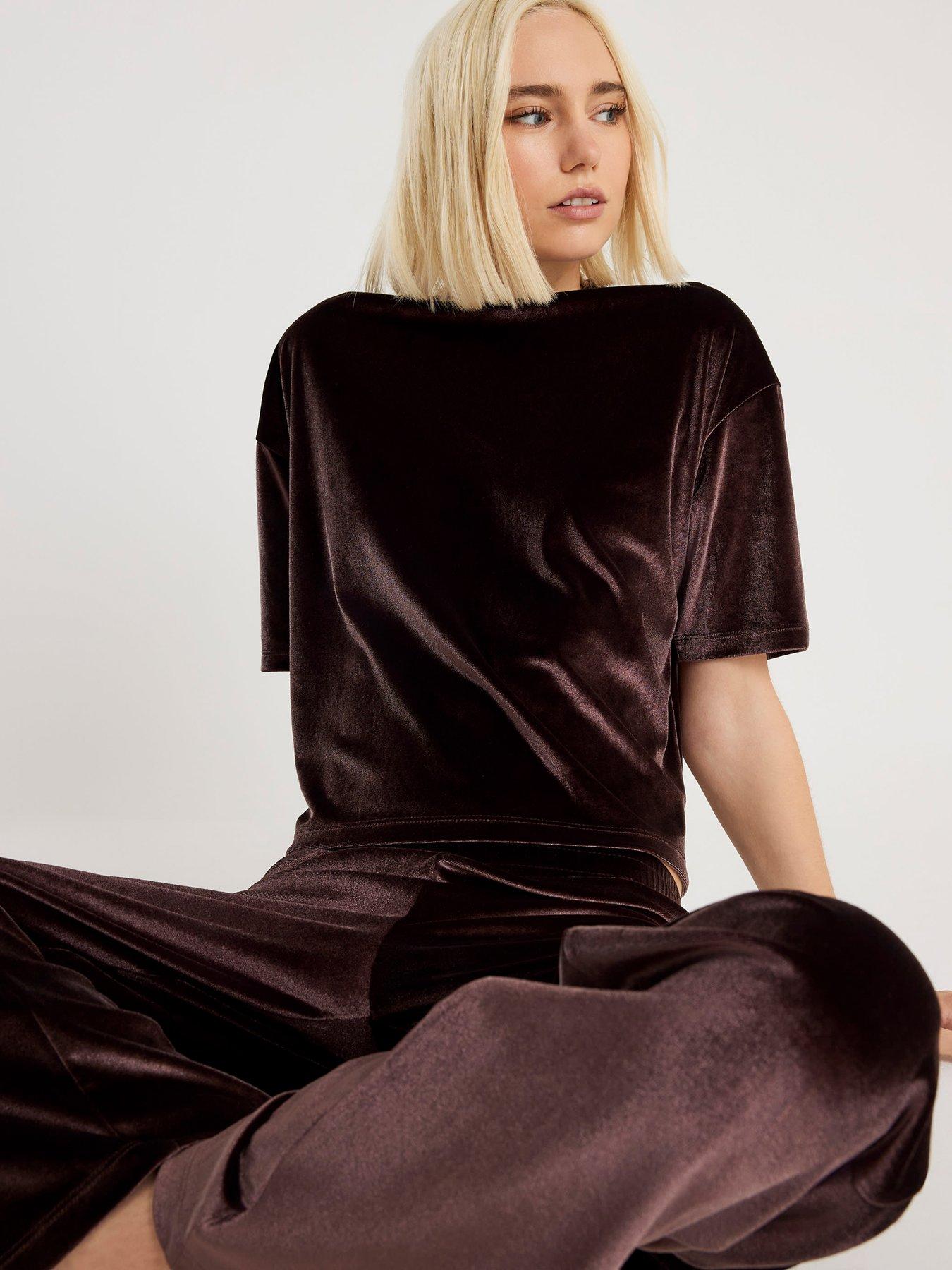 River Island Short Sleeve Velvet Boxy Tee - Brown