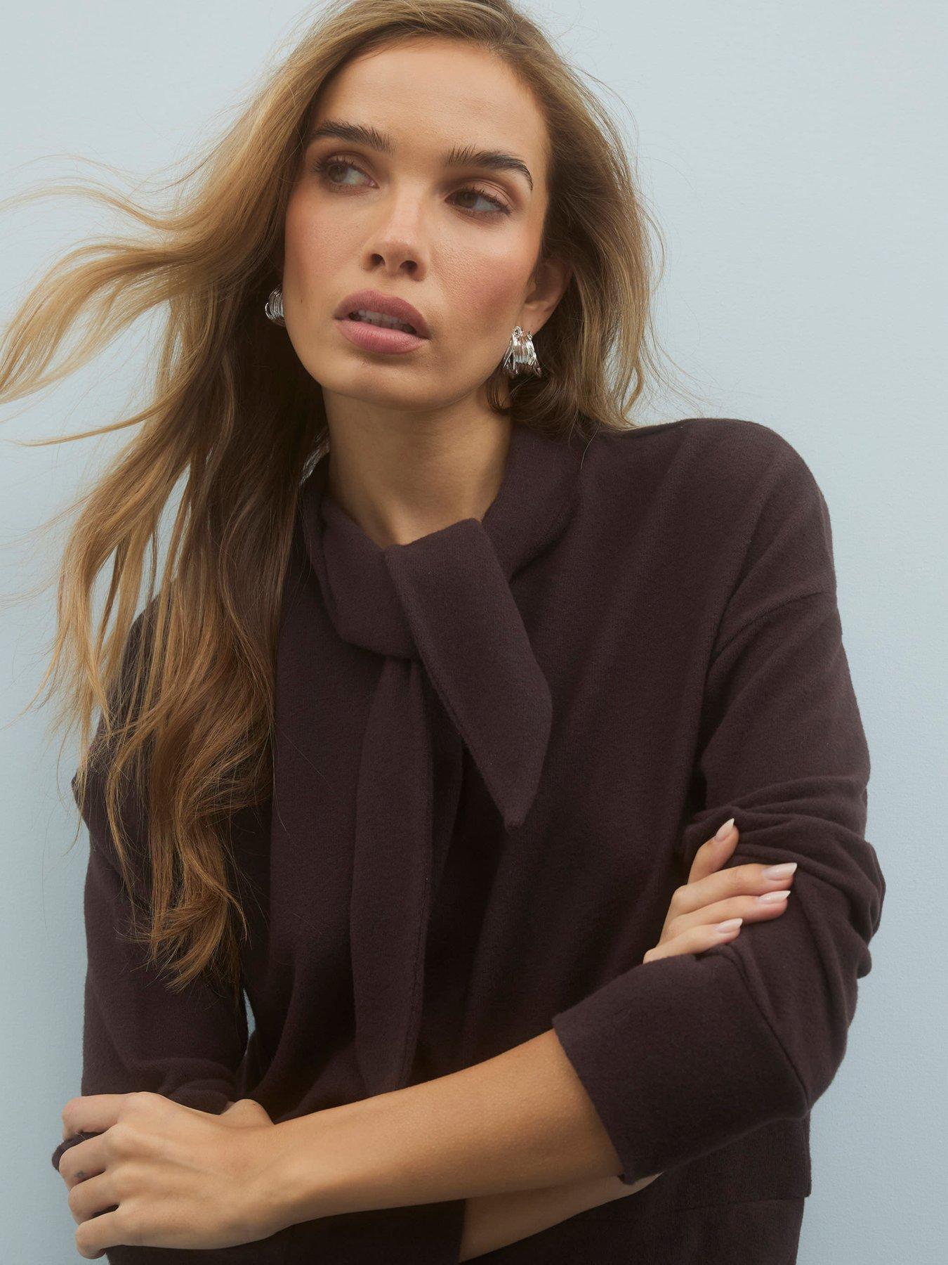 Image 4 of 4 of River Island Long Sleeve Scarf Tie Neck Cosy Top - Brown
