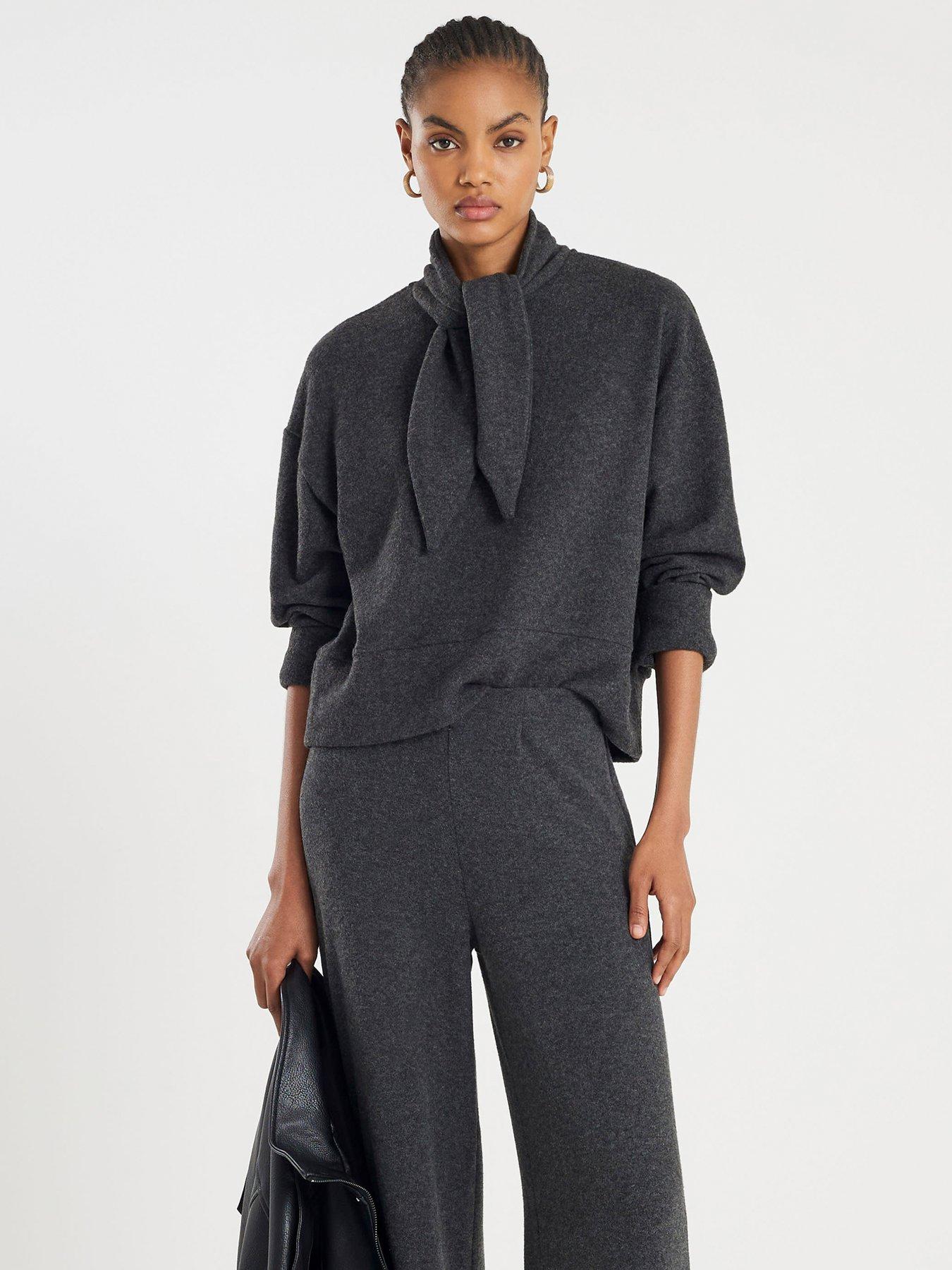 Image 1 of 4 of River Island Long Sleeve Scarf Tie Neck Cosy Top - Grey