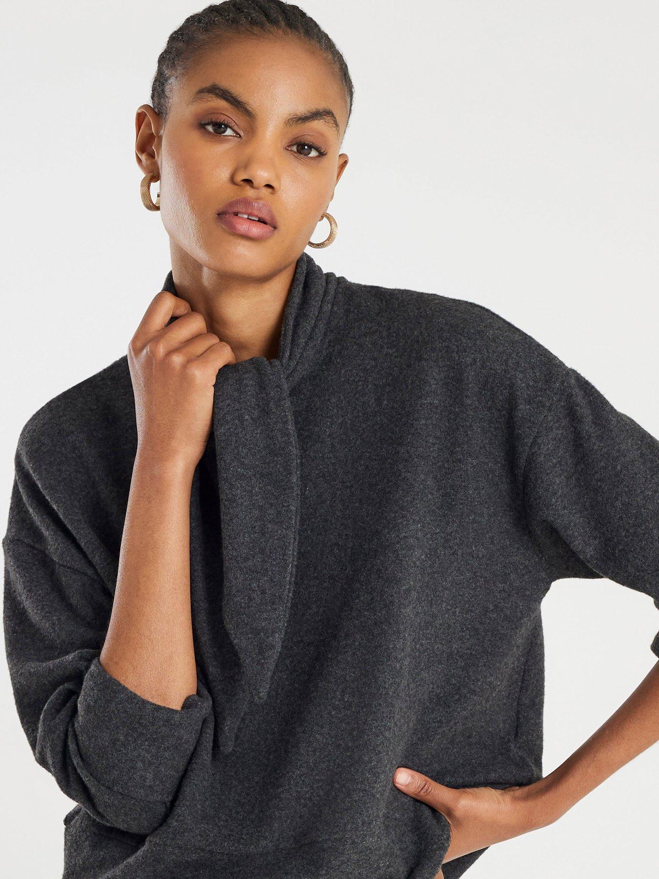 Image 4 of 4 of River Island Long Sleeve Scarf Tie Neck Cosy Top - Grey