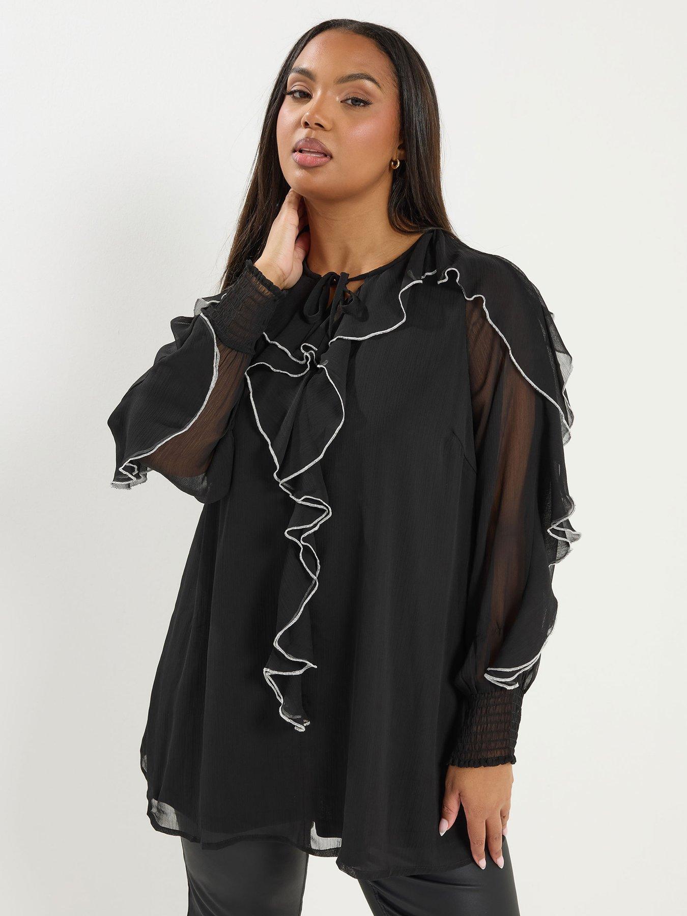 Yours Curve Contrast Ruffle Blouse - Black