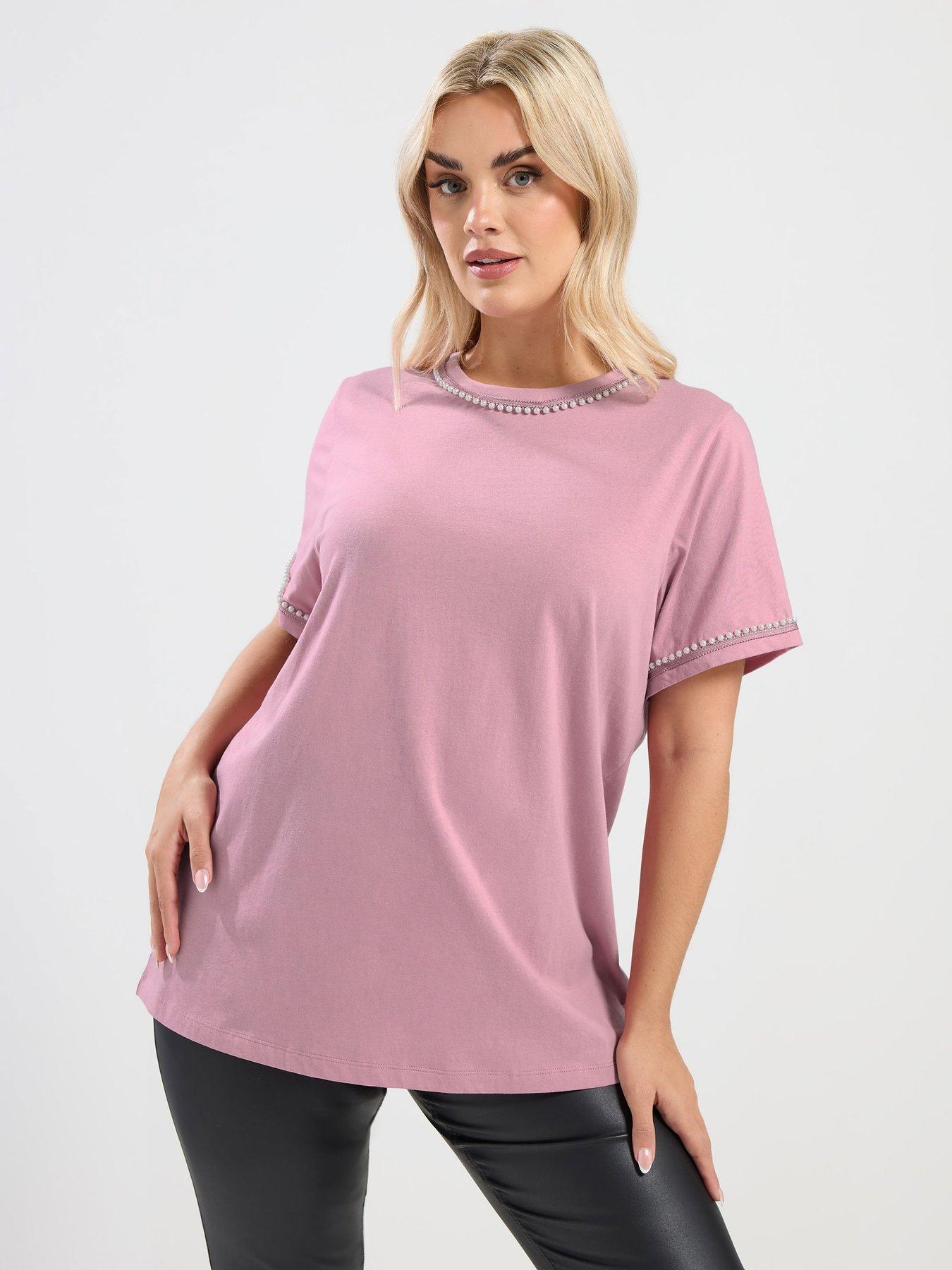 Yours Curve Pearl Trim T-Shirt - Pink