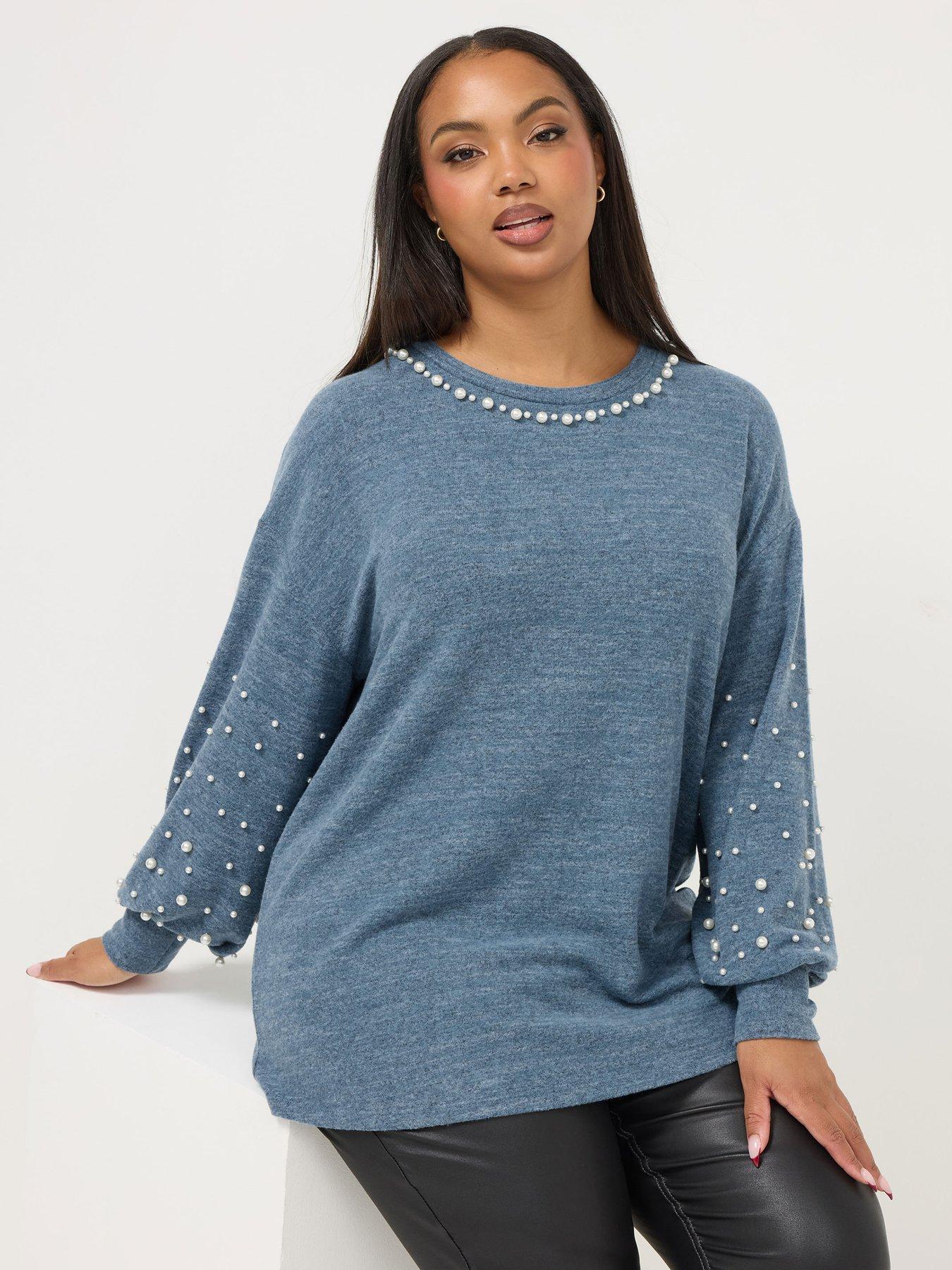Yours Curve Pearl Detail Jumper - Blue